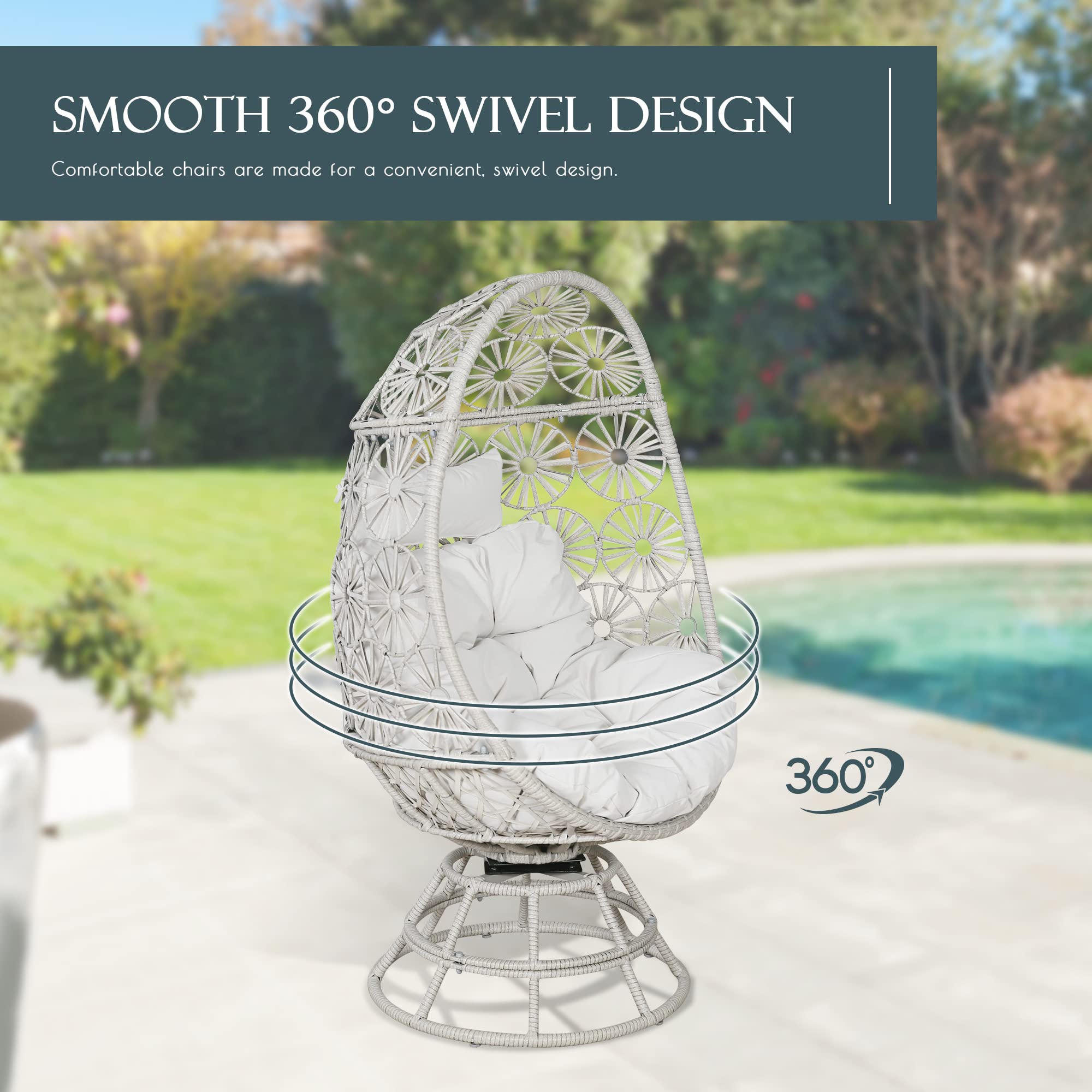 360-Degree Swivel Wicker Egg Chair with Beige Cushions - Outdoor Rattan Hanging Chair for Patio, Garden, Lawn & Bedroom - Perfect for Relaxing, Reading or Sunbathing