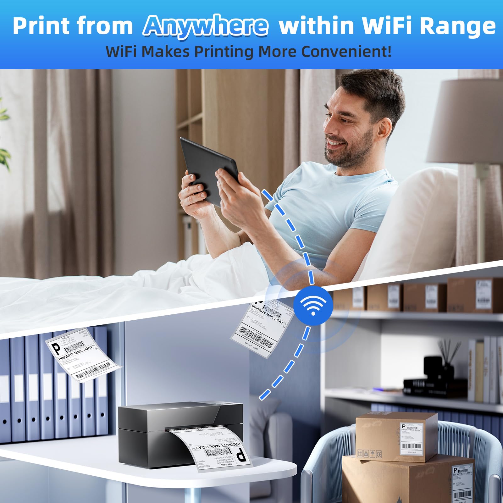 4x6 Wireless Thermal Shipping Label Printer - WiFi & Bluetooth Compatible for eBay, USPS, Shopify, Amazon | Perfect for Small Business, Home & Office Package Shipping