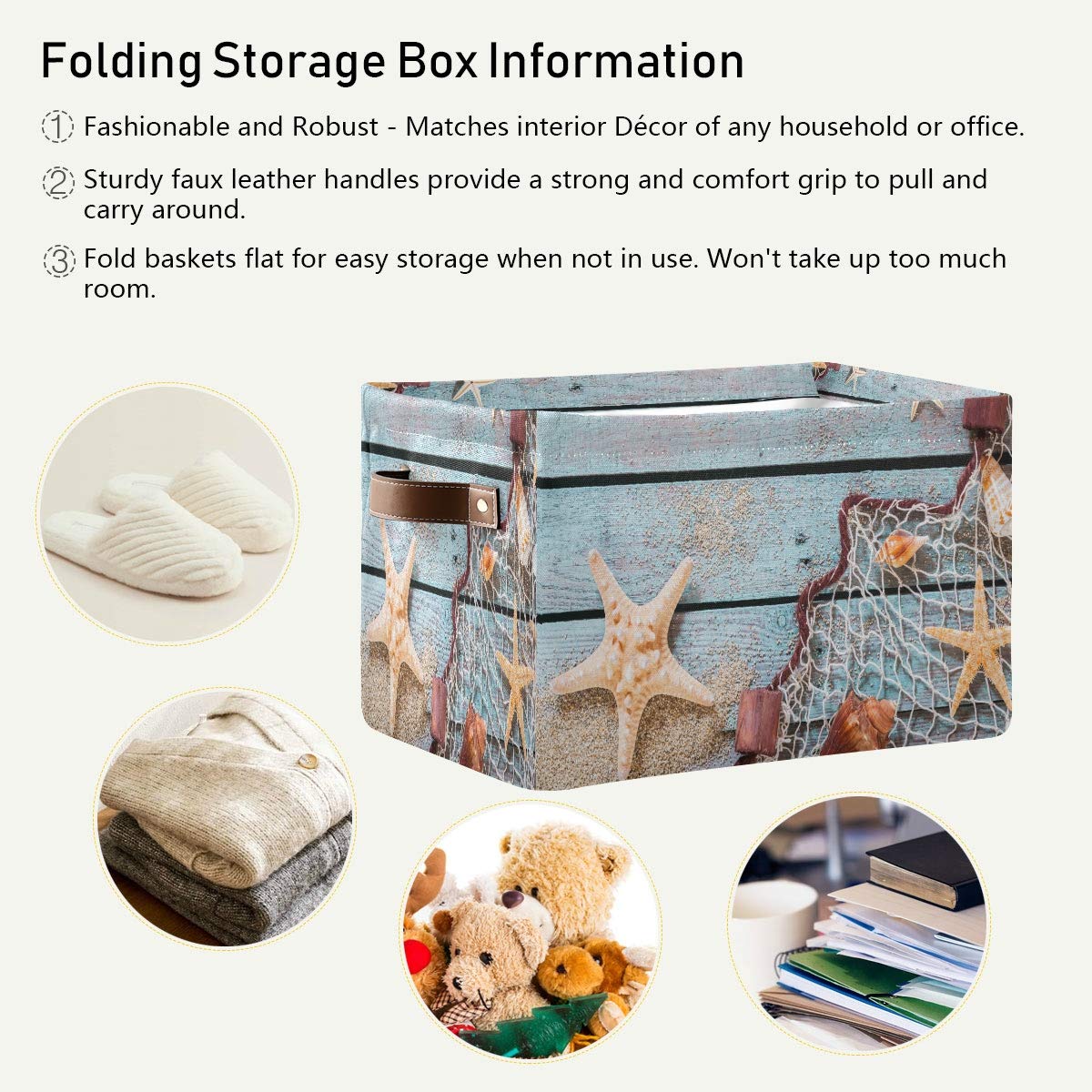 AUUXVA Large Collapsible Fabric Storage Basket with Handles - Rustic Wooden Starfish Design for Beach Toys, Nursery, Bedroom & Bathroom Organization | Perfect for Summer Storage & Home Decor