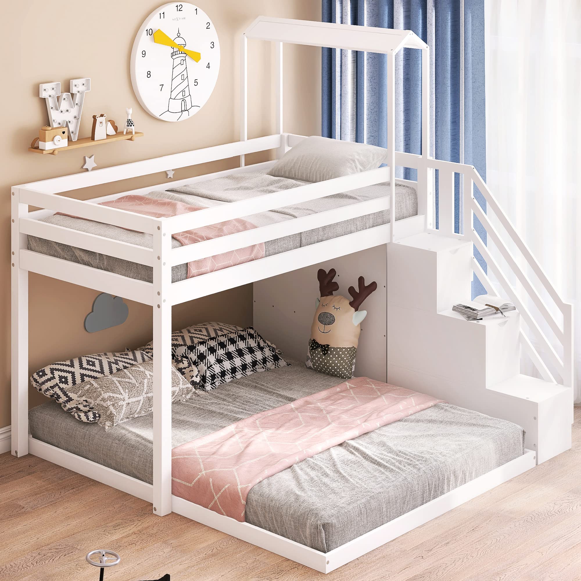 Solid Wood Twin Over Full Bunk Bed with Staircase & Shelves for Kids - Space Saving Bedroom Solution