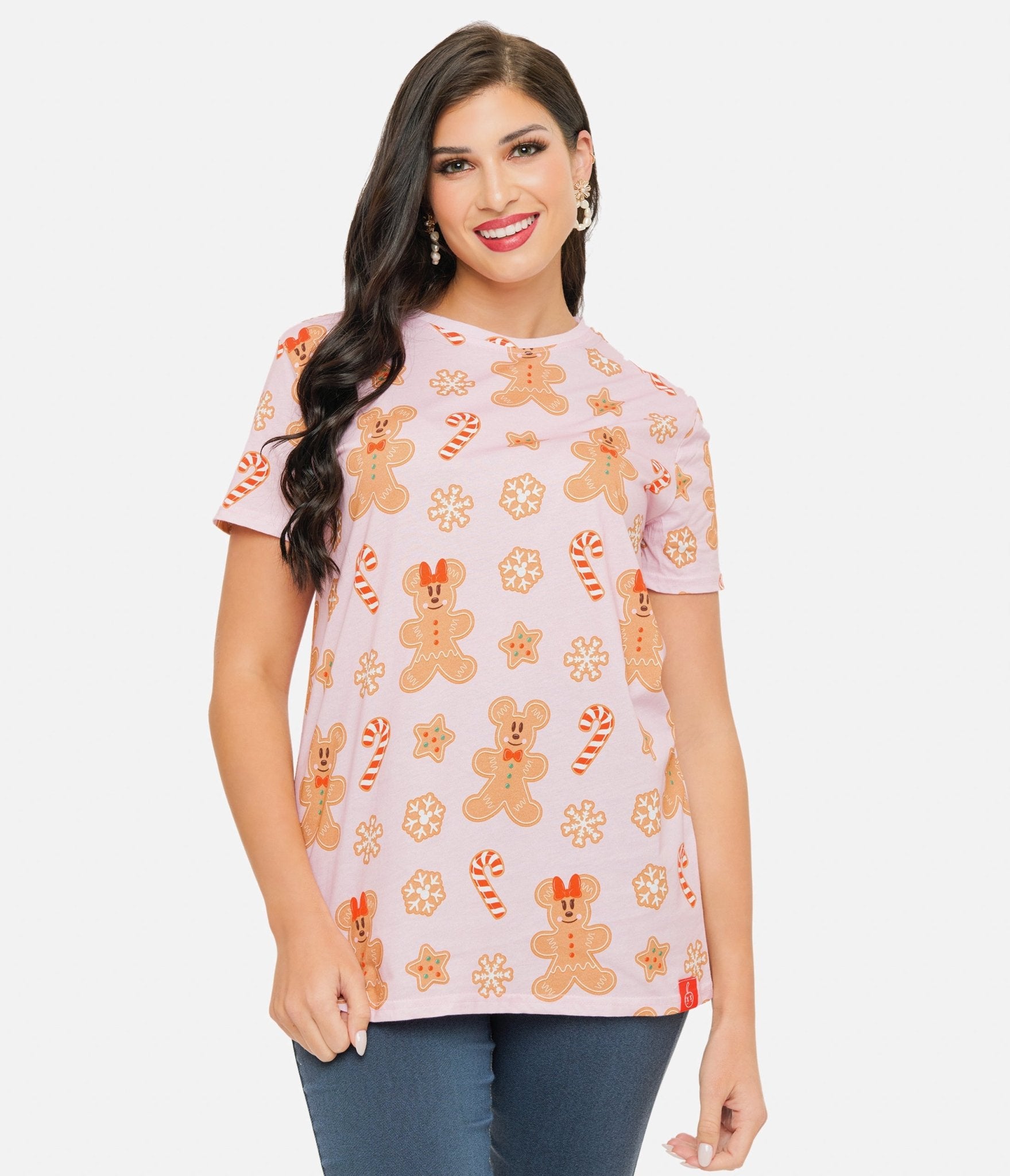 Disney Mickey & Minnie Gingerbread Christmas Graphic T-Shirt - Pink All Over Print Holiday Tee for Women | Perfect for Christmas Parties & Family Gatherings