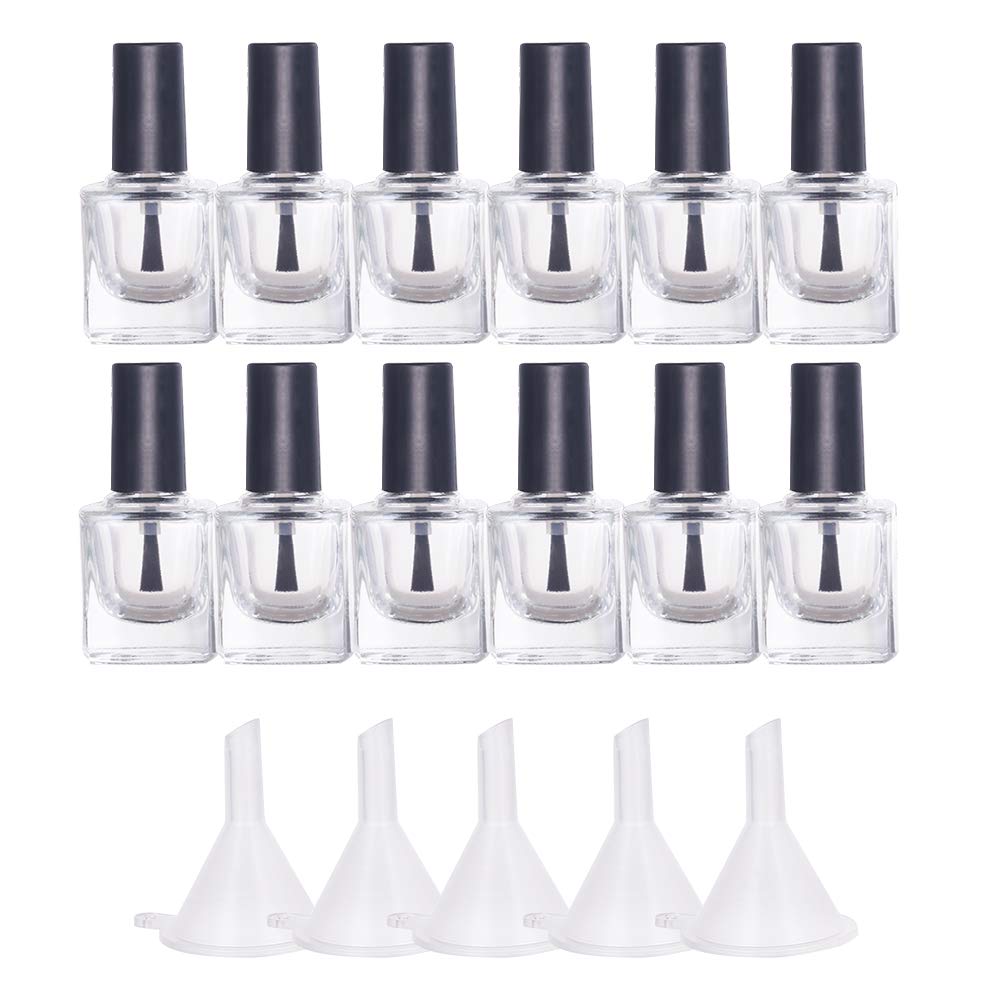 BENECREAT 12PCS 10ml Empty Clear Glass Nail Polish Bottles with Brushes & 5PCS Funnel Hopper - Refillable DIY Nail Art Supplies for Salon, Home Manicure, Nail Extension, Gift Packaging