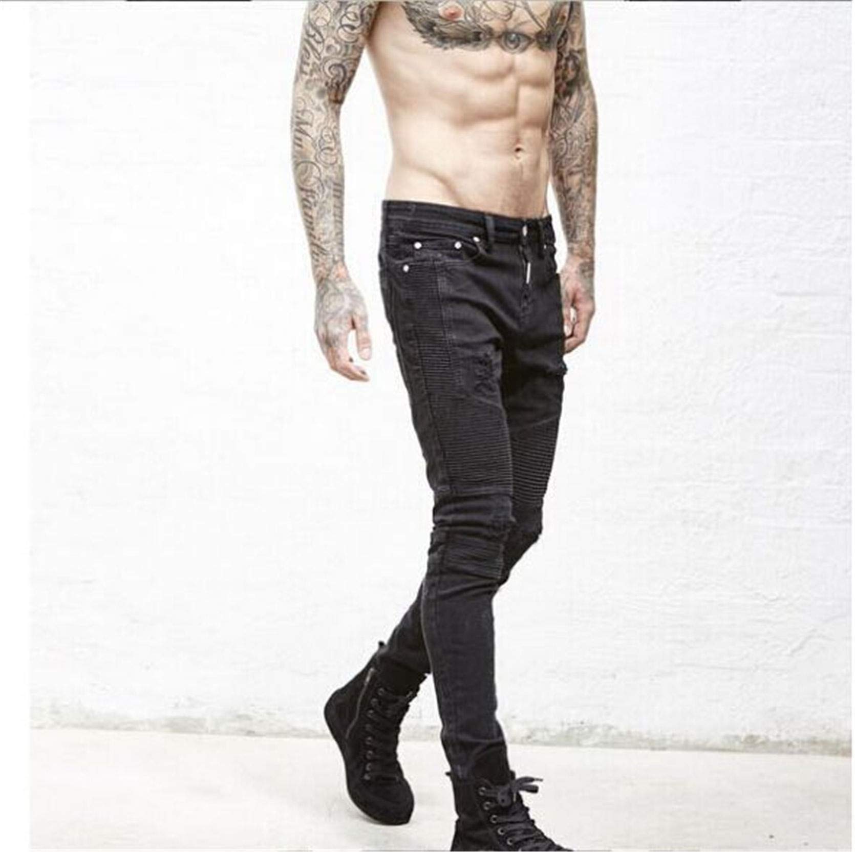 Men's Slim Fit Stretch Skinny Jeans - Washed Black Denim with Pleated Detail & Ripped Destroyed Style for Motorcycle Bikers (Size 33) - Perfect for Casual Wear, Night Out & Urban Street Fashion