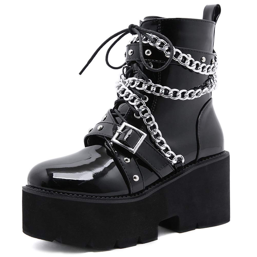 CYNLLIO Women's Fashion Block Heel Platform Combat Ankle Boots - Lace Up Studded Motorcycle Boots Mid Calf Height for Casual Outfits, Night Out & Biker Style
