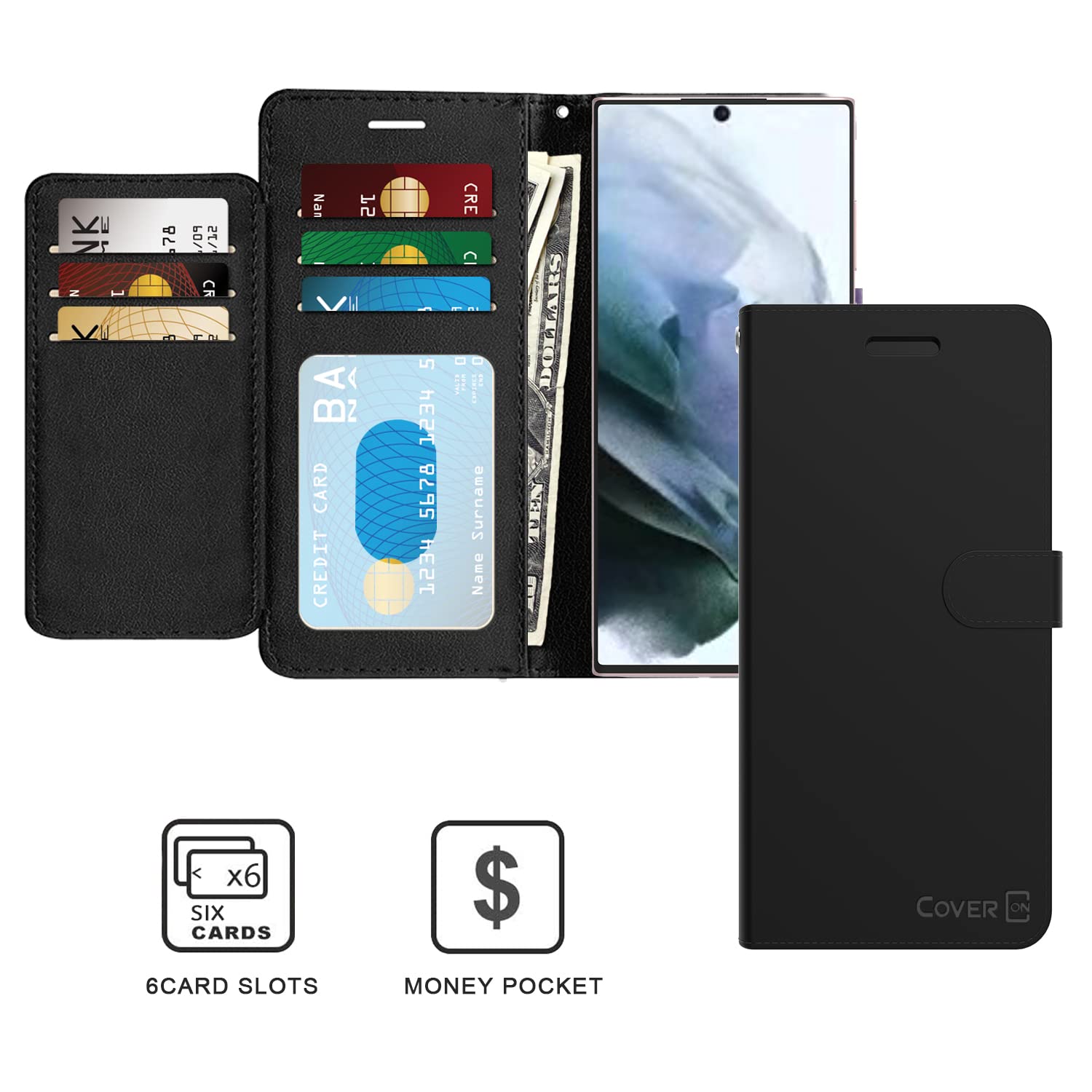 Premium Leather Wallet Case for Samsung Galaxy S22 Ultra - RFID Blocking Flip Folio Stand Cover with Card Slots (Black) | Perfect for Business Travel, Daily Commute & Hands-Free Viewing