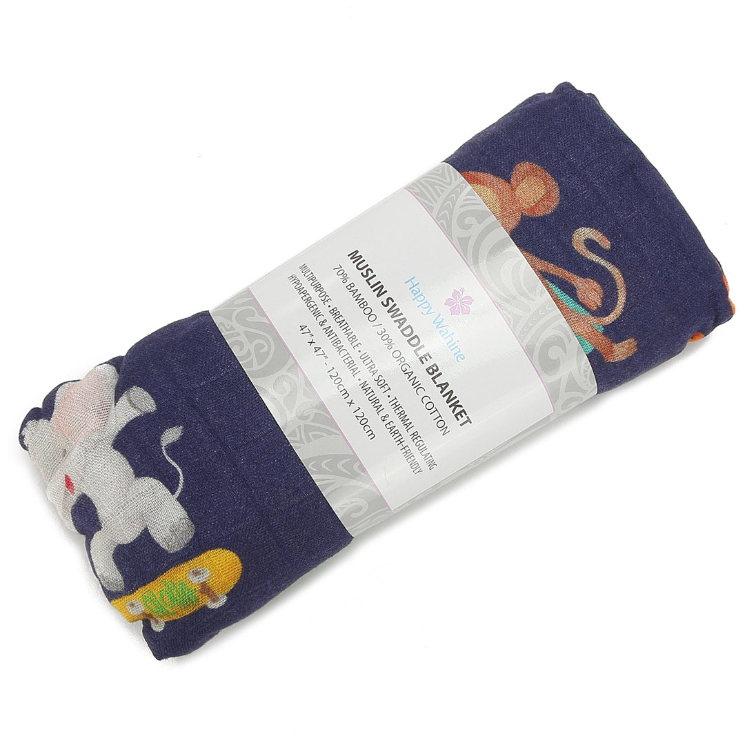 Soft Baby Muslin Swaddle Blanket with Zoo Animals Print - Navy Blue for Newborns & Infants | Perfect for Swaddling, Nursing, and Stroller Use