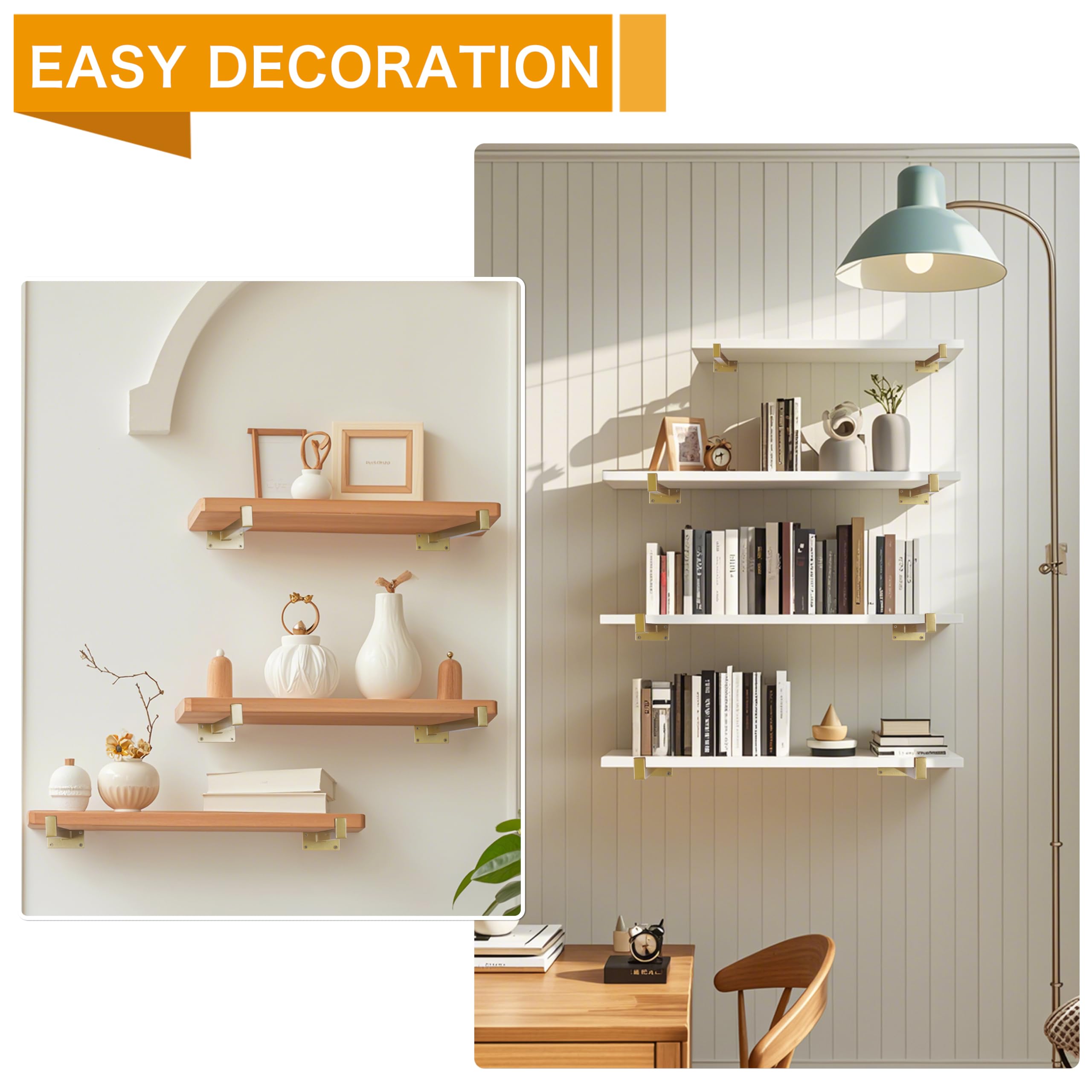 EZYDECOR 8 Inch Gold Shelf Brackets - Heavy Duty Metal Wall Mounted Shelf Supports with Lip for Industrial Shelving, Floating Shelves & Home Decor (6 Pack) - Perfect for Kitchen, Bathroom, Living Room & Office Organization