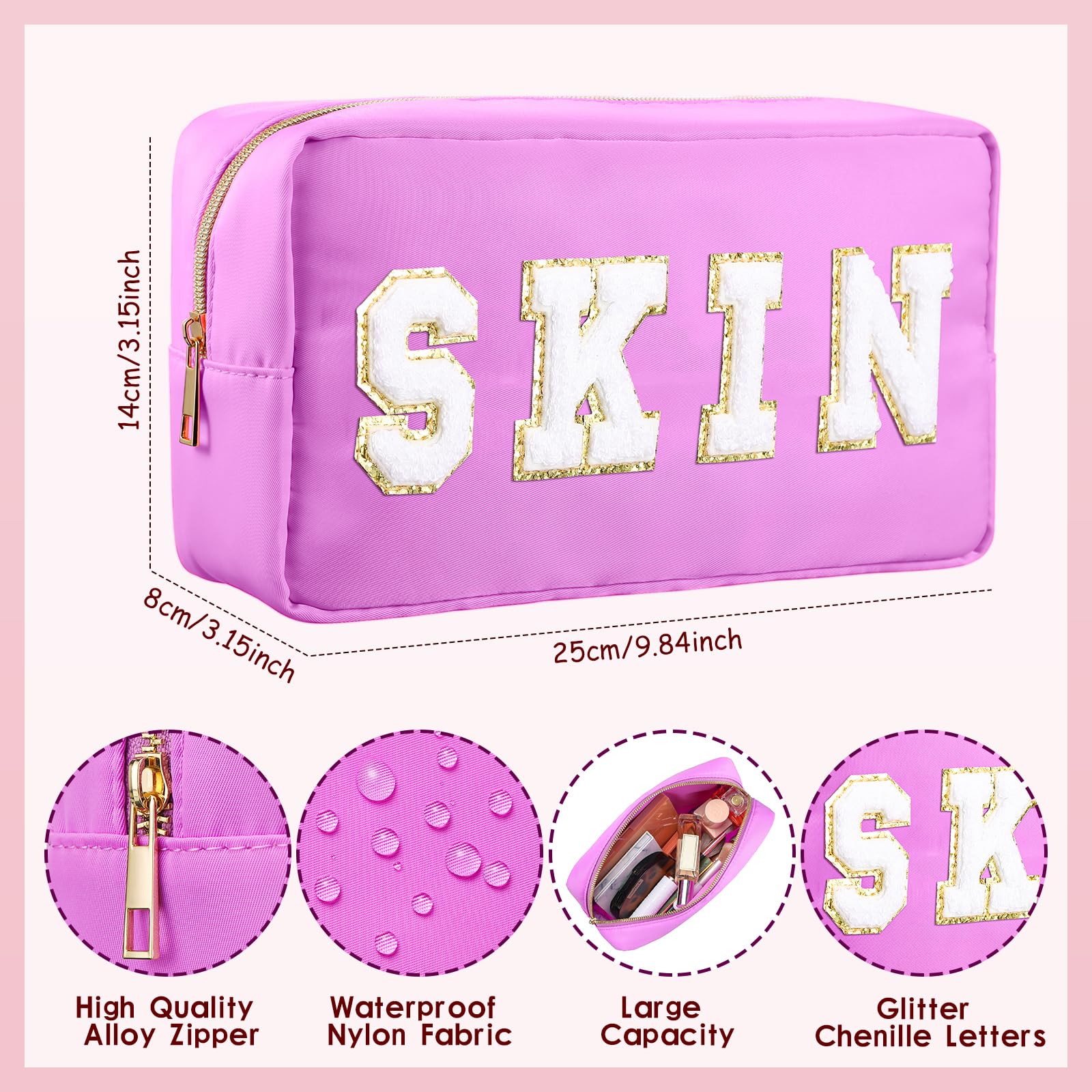 Remerry 4-Piece Waterproof Makeup Bags Set - Travel Cosmetic Organizer with Chenille Letters, Preppy Toiletry Pouches for Women & Teens (Pink Gradient) - Perfect for Gym, Vacation & Daily Beauty Storage