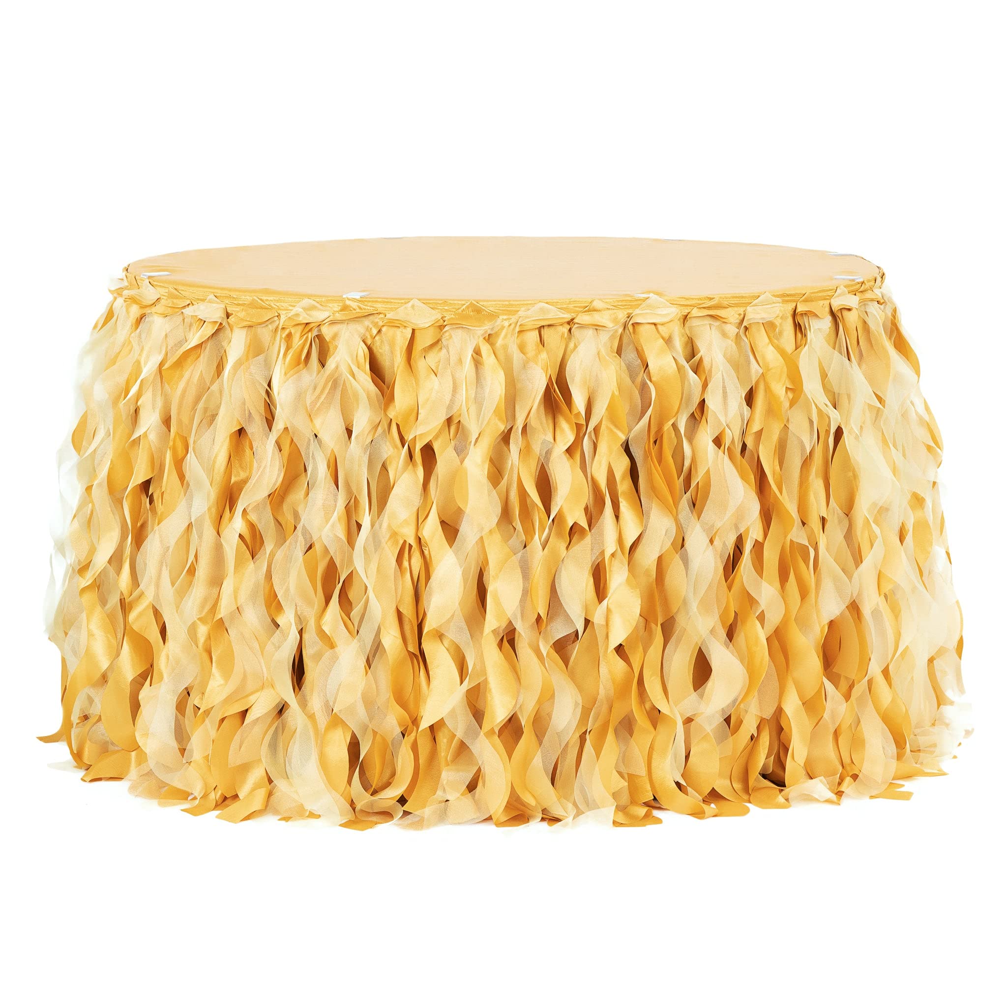 17Ft Curly Willow Table Skirt - Bright Gold Party Decor for Weddings, Quinceaneras & Birthday Celebrations | Perfect for Banquet Halls, Event Centers & Home Parties