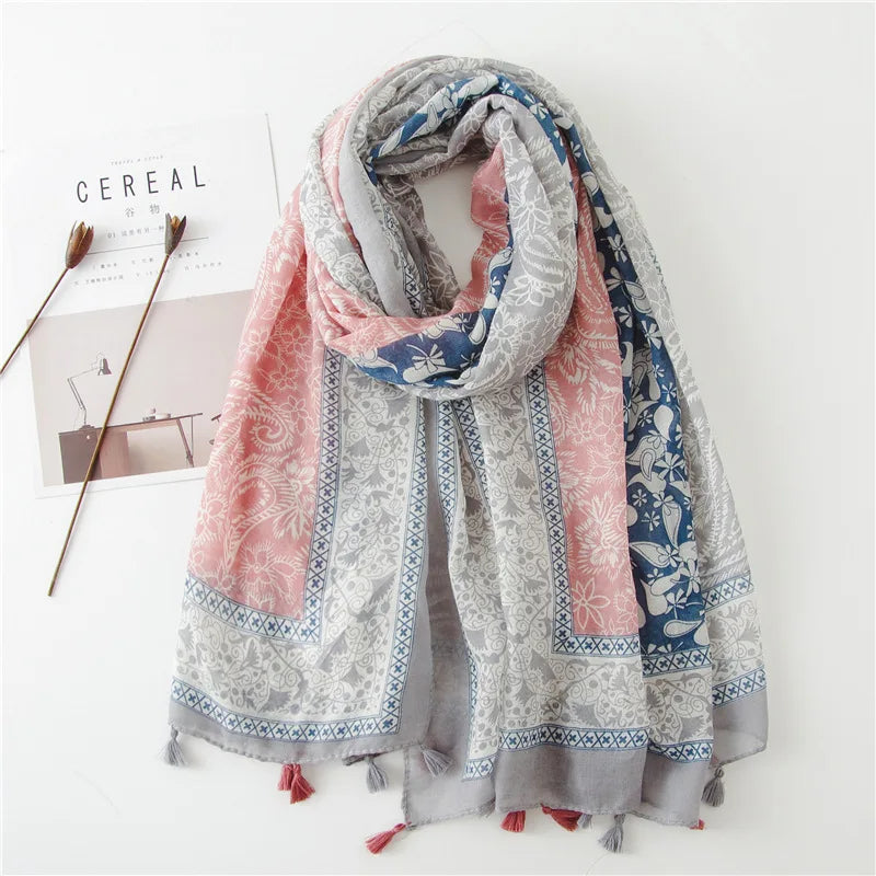 2023 Fashion Paisley Abstract Floral Tassel Viscose Shawl Scarf - Women's Lightweight Pashmina Wrap Stole & Muslim Hijab (180x90cm) - Perfect for Daily Wear, Office, Parties & Prayer