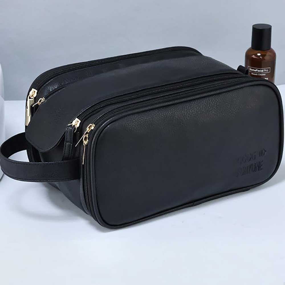 JAF Men's Travel Toiletry Bag - Waterproof Leather Cosmetic Organizer for Men | Compact & Durable Small Travel Bag (Black) | Perfect for Business Trips, Gym & Weekend Getaways