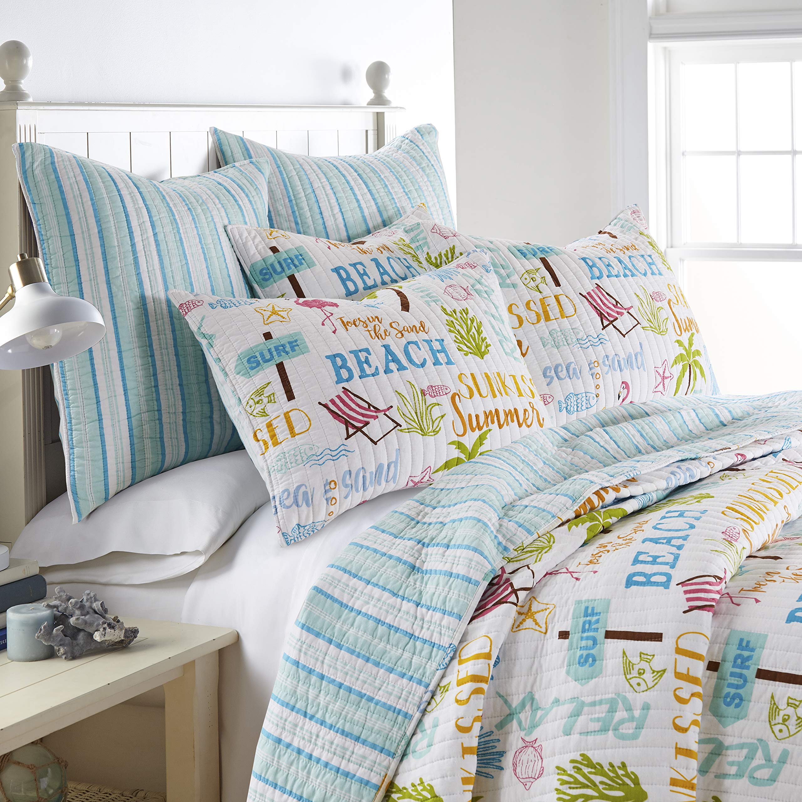 Levtex Home King Size Beach Days Quilt Set - 106x92 Inch Reversible Coastal Quilt with 2 Pillow Shams (36x20in) - Teal Blue, Yellow, Green, Brown & Pink Cotton Bedding - Perfect for Beach House, Coastal Decor & Summer Bedroom Styling