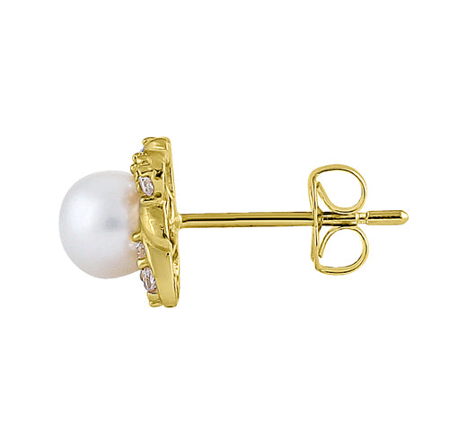 14K Yellow Gold Pearl and CZ Stud Earrings for Women – Elegant Round Clear Cubic Zirconia Jewelry for Daily Wear, Parties, and Special Occasions