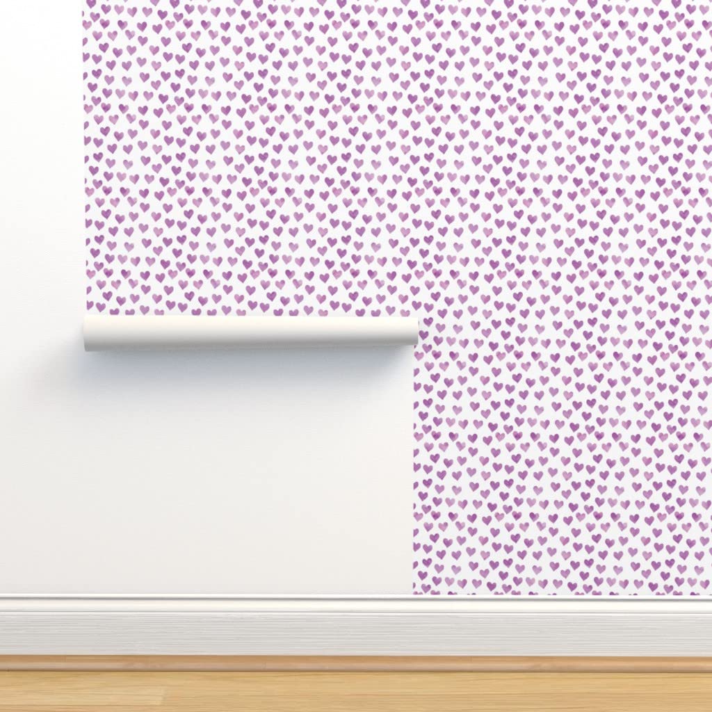 Removable Wallpaper Swatch - Watercolor Hearts Purple Lavender Valentines Lilac Pretty Heart Custom Pre-Pasted Wallpaper | Perfect for Nursery, Bedroom, Home Office & DIY Decor | Spoonflower