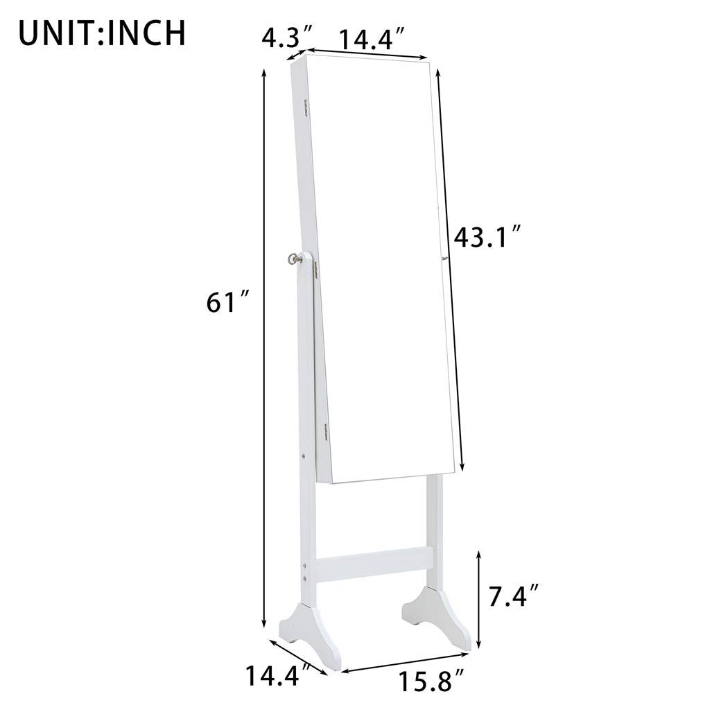 Full Length Standing Mirror with LED Jewelry Cabinet - Lockable Vertical Jewelry Storage, 15.8