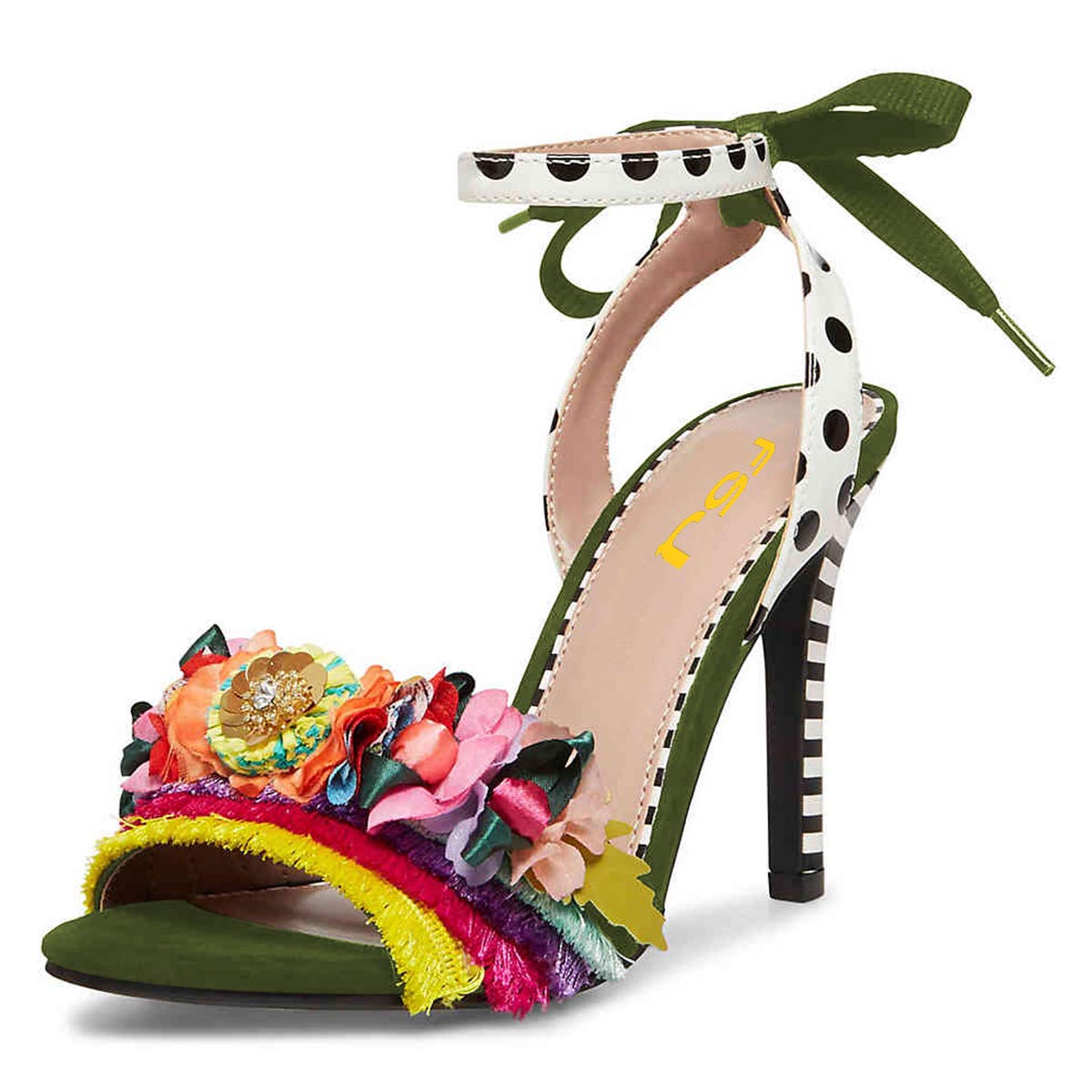 FSJ Women's Floral Stiletto High Heel Sandals - Ankle Strap Open Toe Pump D'Orsay Polka Dot Lace Up Dress Party Shoes for Summer Weddings, Date Nights & Special Occasions (US Size 4-15)