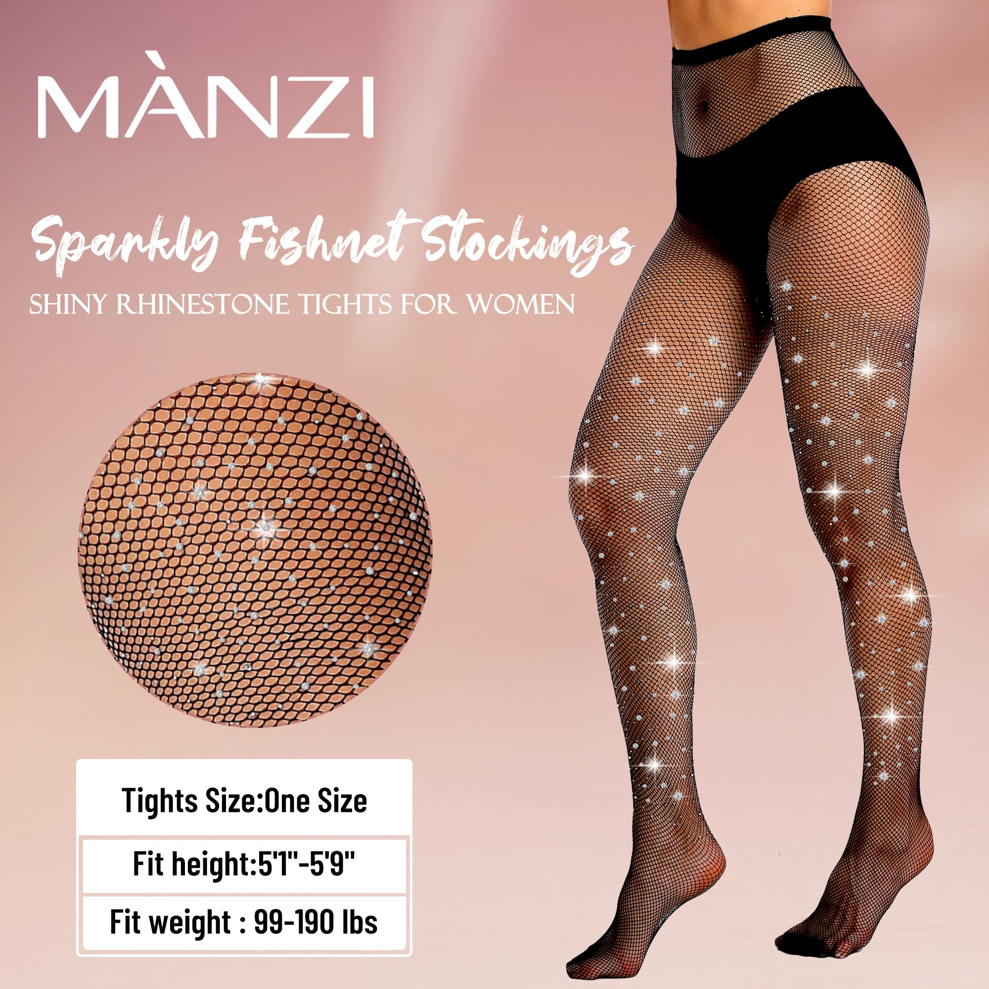 MANZI 2 Pairs Rhinestone Fishnet Tights for Women - High Waist Sparkly Glitter Stockings | Party, Halloween, Cosplay, Night Out, Stage Performance