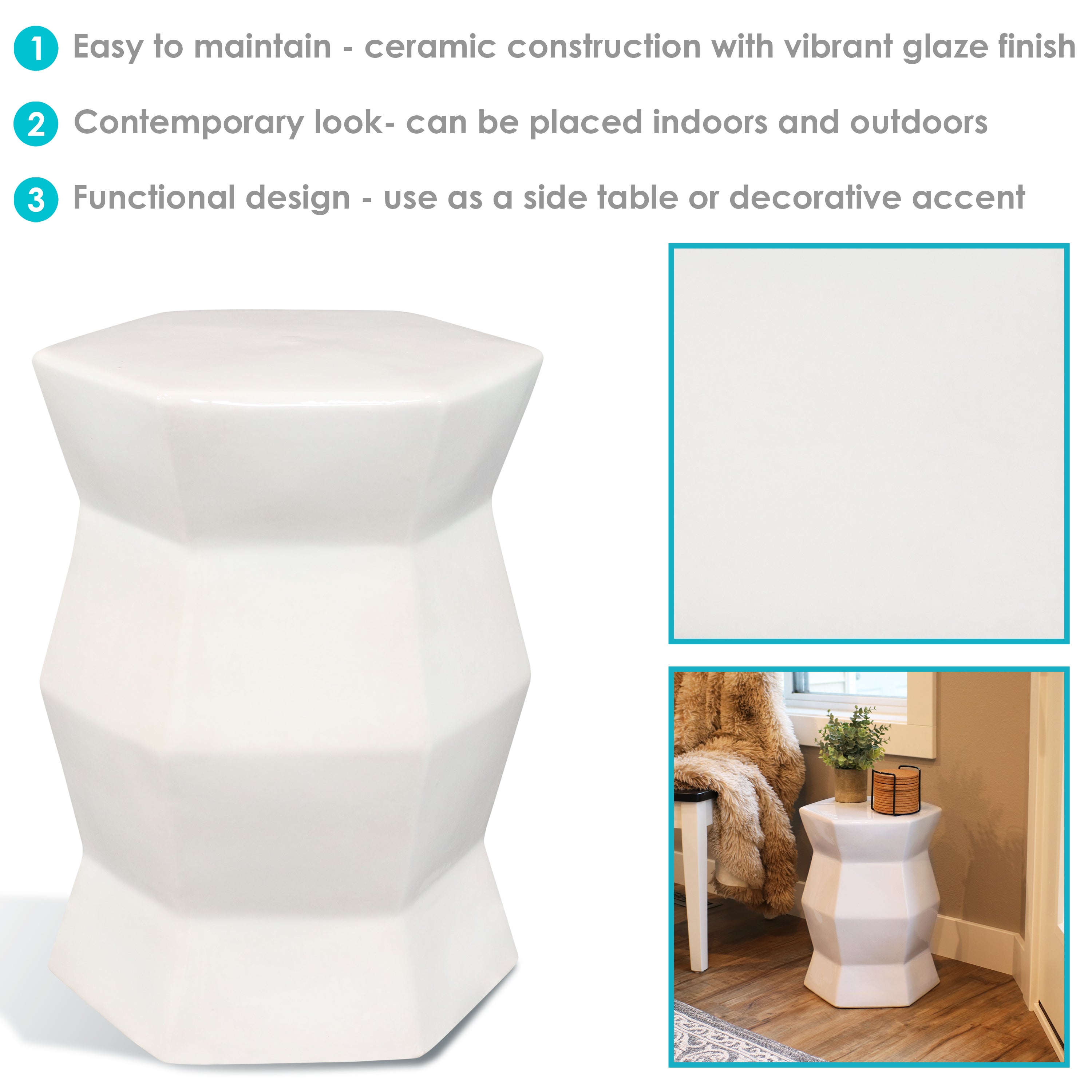Modern Geometric Ceramic Garden Stool & Side Table - 17.25 Inch Outdoor Patio, Porch, or Balcony Decor - Handcrafted Home & Garden Accent Piece