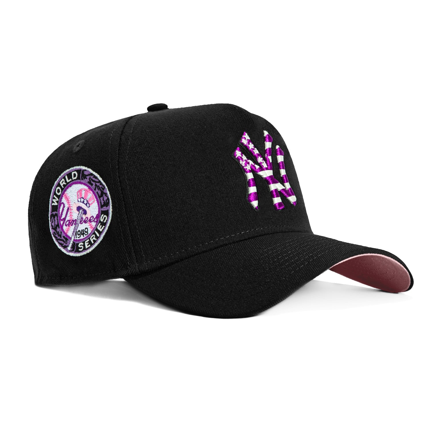 New Era 9Forty A-Frame New York Yankees 1949 World Series Patch Snapback Hat - Black & Purple | Vintage Baseball Cap for Men & Women | Game Day, Streetwear, Sports Fan Fashion