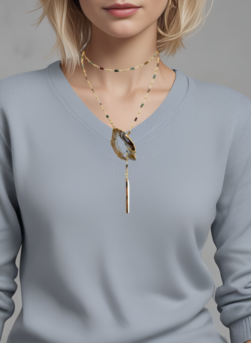 Geod Lariat Necklace with Gemstone Chain - Elegant Layered Dainty Jewelry for Women, Perfect for Date Night & Special Occasions