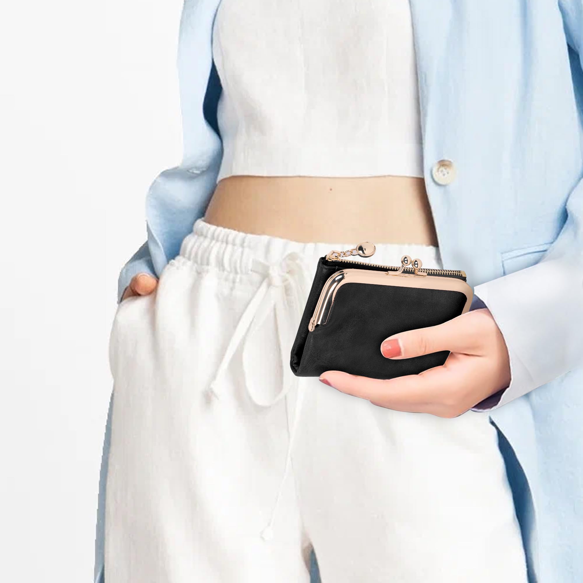 Jiusely Women's RFID Blocking Leather Wallet - Slim Bifold Zipper Purse with Kiss Lock for Credit Cards & Cash (Black) | Perfect for Travel, Shopping & Everyday Use