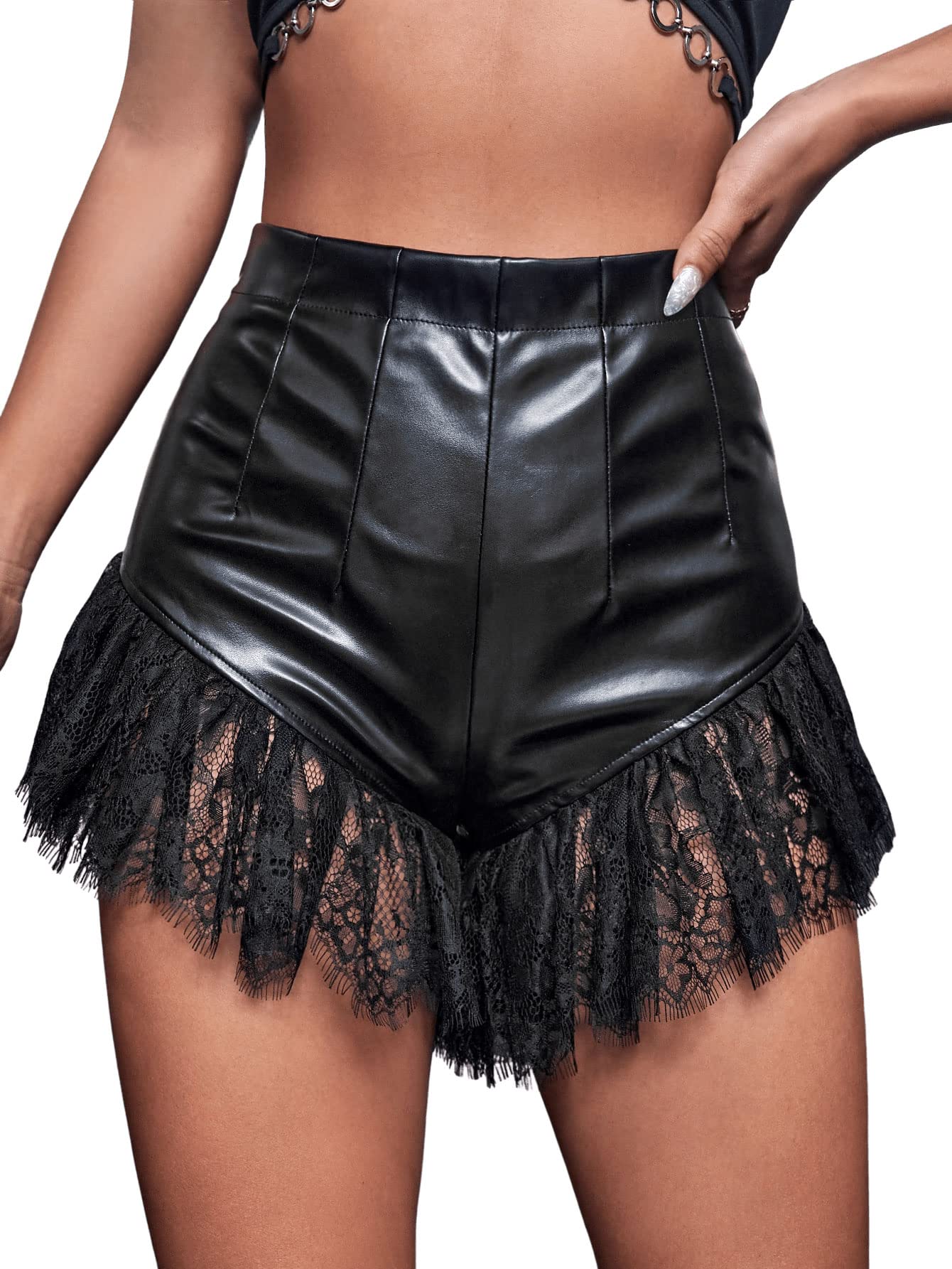 SweatyRocks Women's High Waist Faux Leather Shorts - Stretchy Slim Fit Ruffle Hem Shorts for Casual Outfits & Night Out