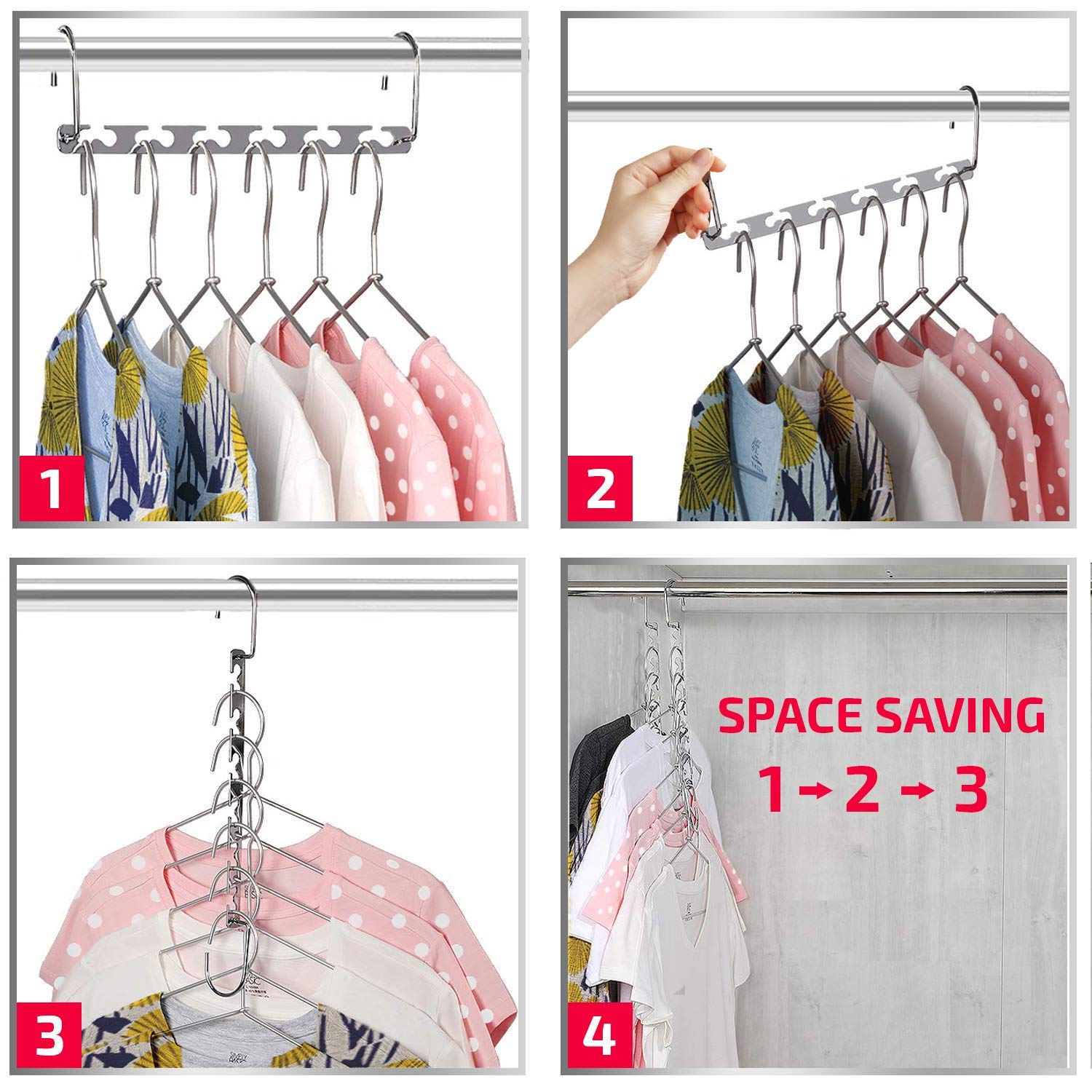 KJfamily Space Saving Metal Hangers - 8 Pack Cascading Closet Organizer with 6X2 Slots | Stainless Steel Multi-Functional Clothes Hanger for Wardrobe Storage | Perfect for Small Spaces, Travel & Home Organization