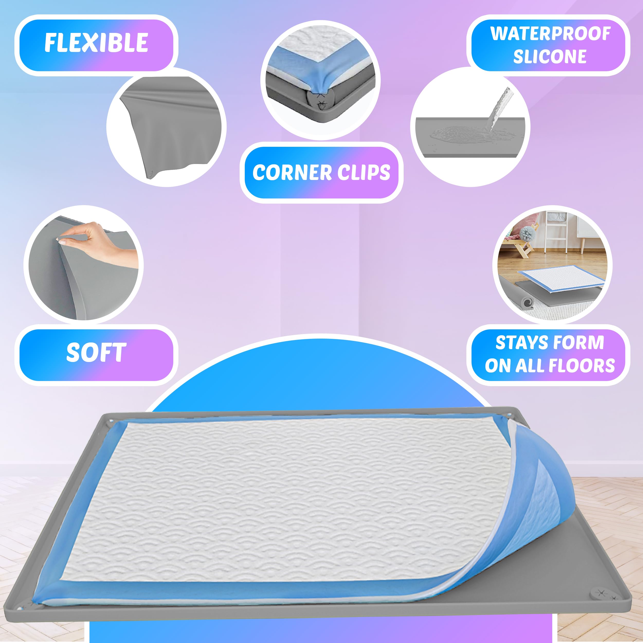 Skywin 28x34 Inch Pee Pad Holder Tray for Dogs - No Spill Puppy Pad Holder, Easy to Clean & Store, Silicone Training Pad Tray (Light Grey) - Perfect for Puppy Training, Housebreaking & Indoor Pet Use