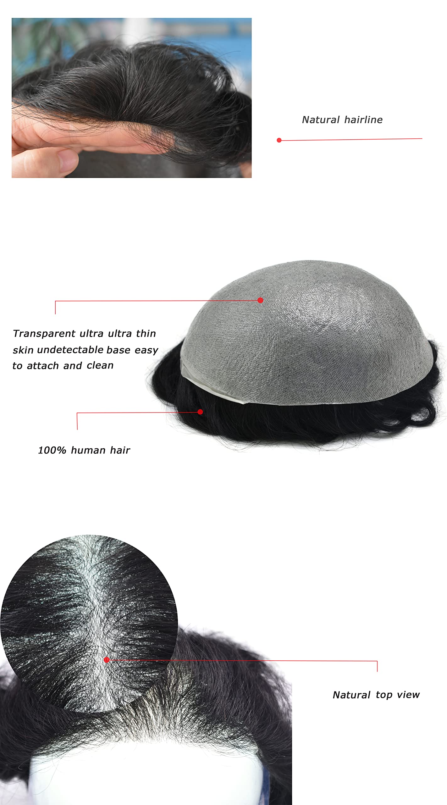 Premium Human Hair Toupee for Men - Ultra Thin Skin 0.03mm V-Looped Hair Replacement System - 8x10 Dark Brown Natural Look - Perfect for Daily Wear, Special Occasions & Hair Loss Solutions