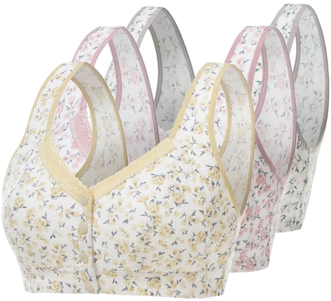 3 Pack Women's Plus Size Wireless Sleep Bras - Soft Natural Cotton Front Snap Closure with Removable Pads | Comfortable Lounge & Nightwear for Relaxation at Home