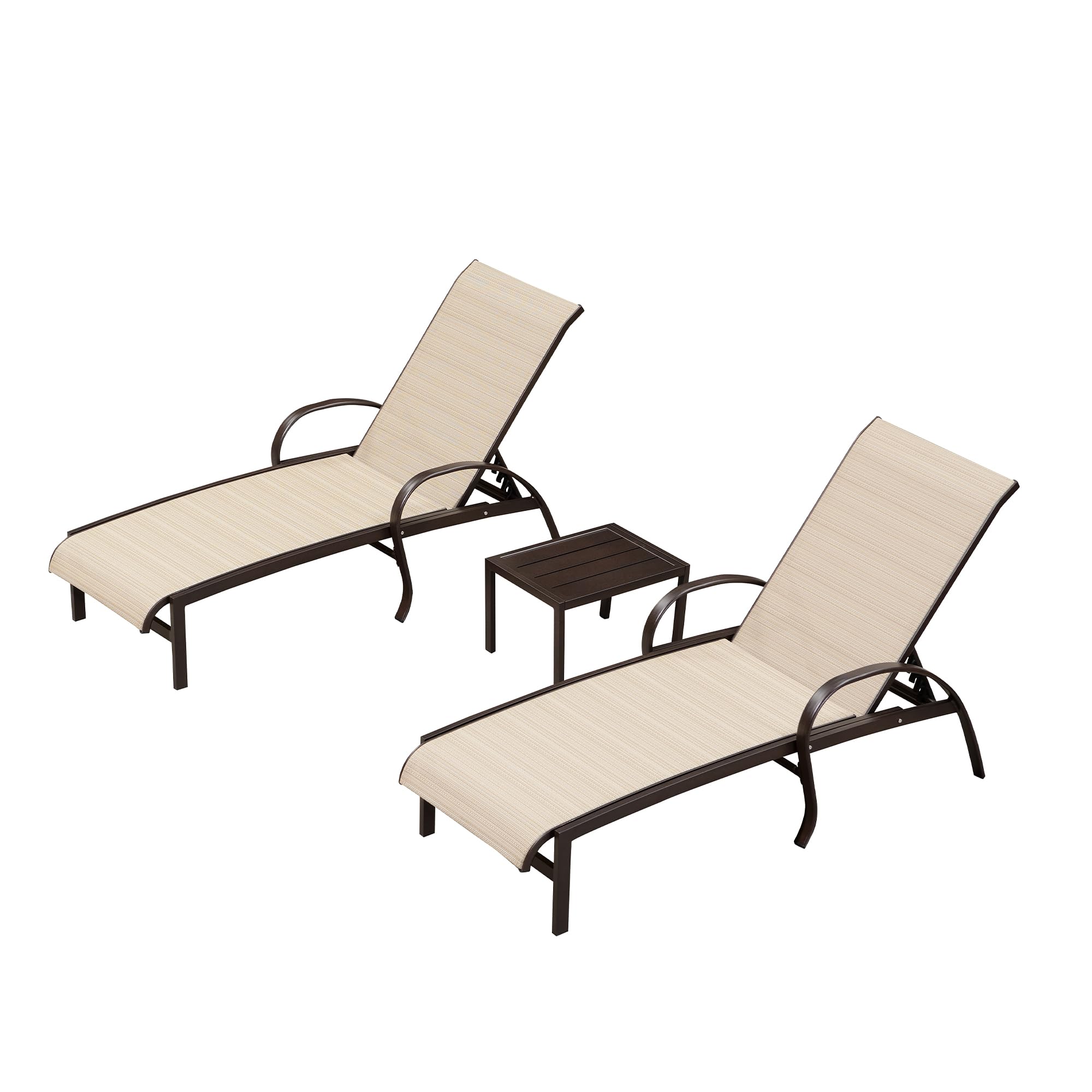 PURPLE LEAF Outdoor Chaise Lounge Chair Set of 3 - Patio Pool Loungers with Side Table, Adjustable Recliner in Light Khaki - Perfect for Backyard, Deck, Garden, Beach & Poolside Relaxation