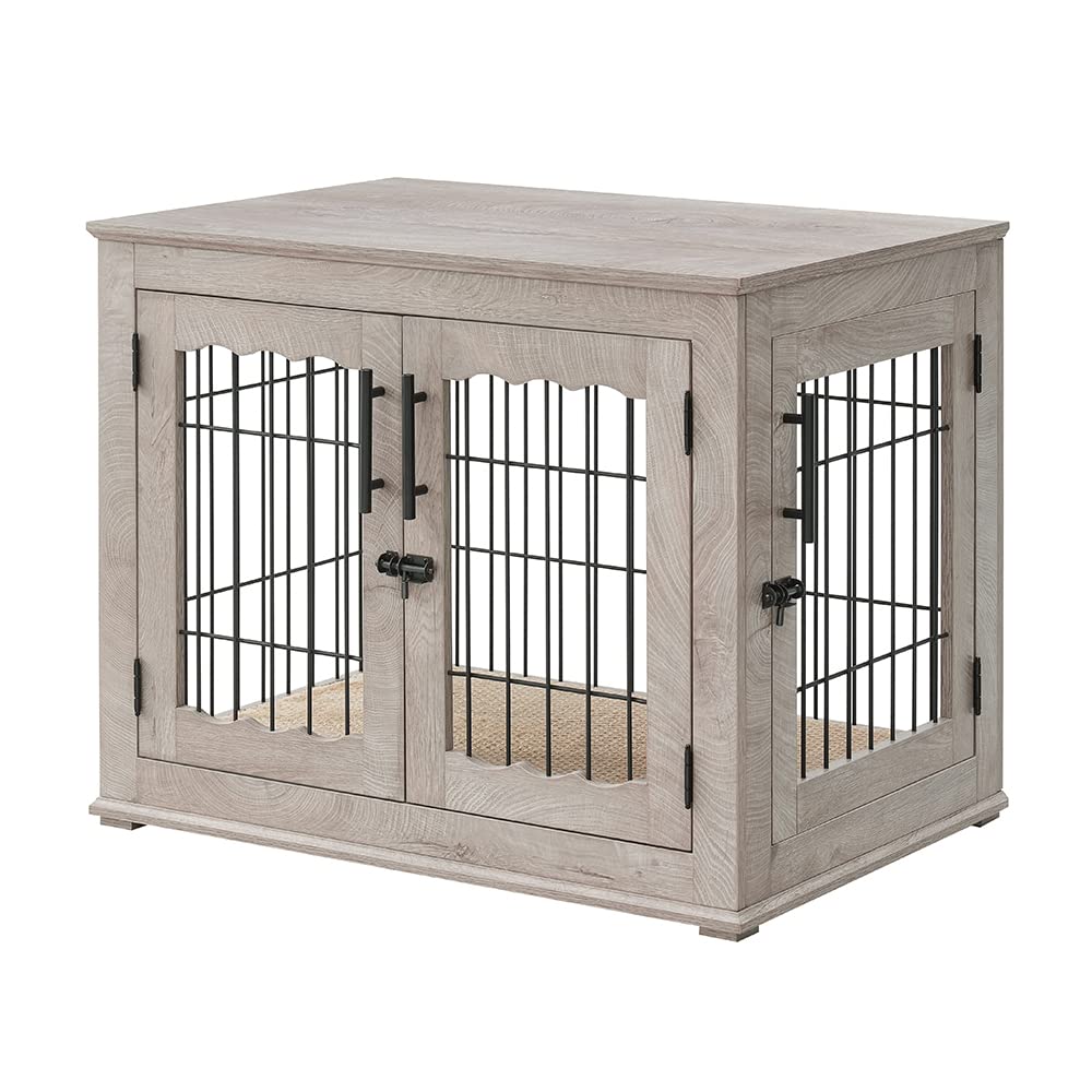 BeeNbkks Double Door Wooden Dog Crate End Table - Stylish Wire Kennel with Removable Pet Bed for Medium & Large Dogs | Indoor Decorative Dog House for Living Room, Bedroom & Home Office