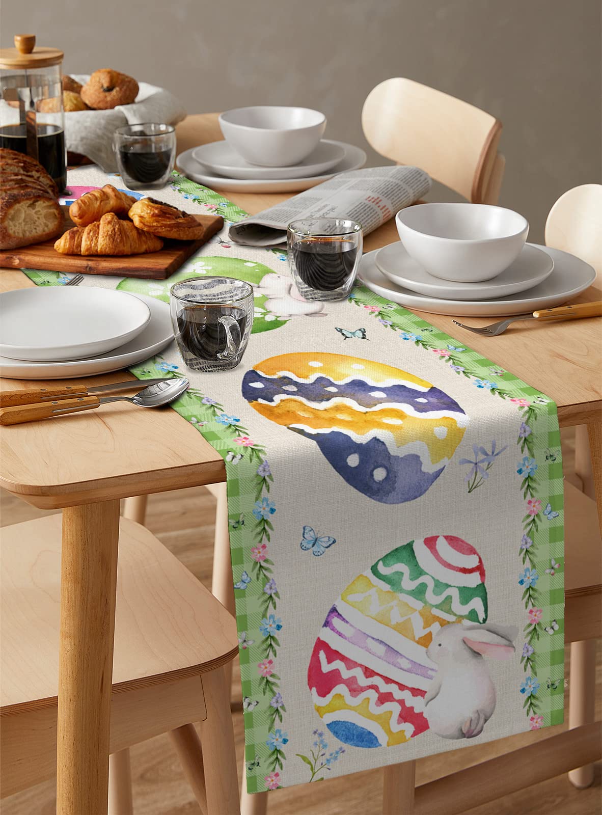 Easter Table Runner Decor - 13x36 Inch Spring Bunny & Eggs Design for Kitchen, Dining Table, Family Dinner, Banquet & Party Celebrations - Cute Easter Rabbit Home Decor for Holiday Gatherings & Festive Occasions