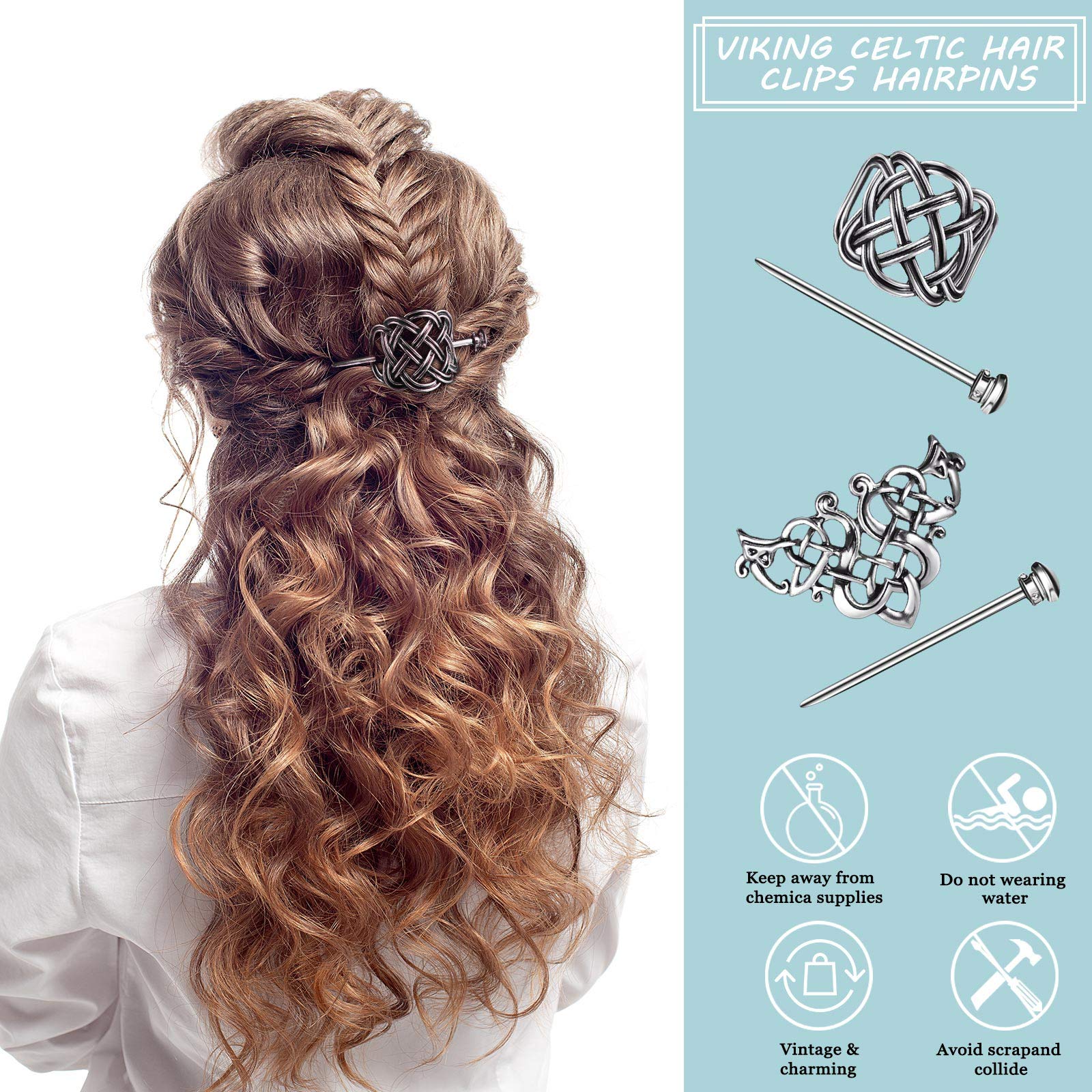 Viking Celtic Hair Clips - 2 Pack Silver Hairpins with Intricate Knot Design, Medieval Hair Accessories for Women | Perfect for Cosplay, Renaissance Fairs & Boho Hairstyles
