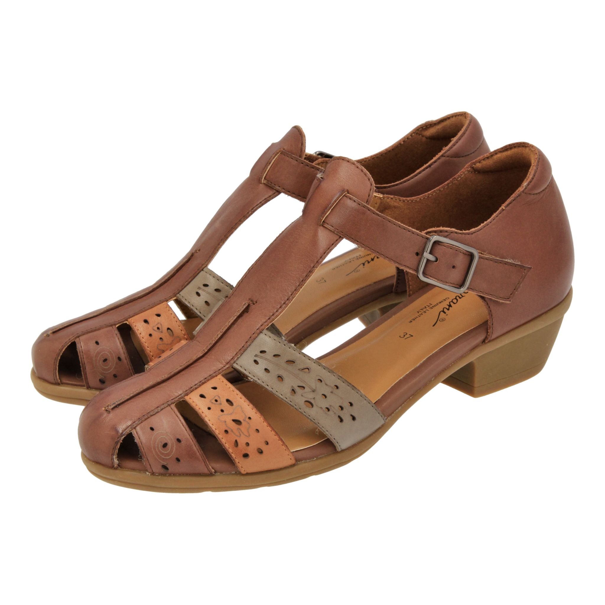 Barani Brown Leather Heeled Sandals for Women - Comfortable Short Block Heel Summer Sandals - Perfect for Beach, Vacation, and Casual Outings