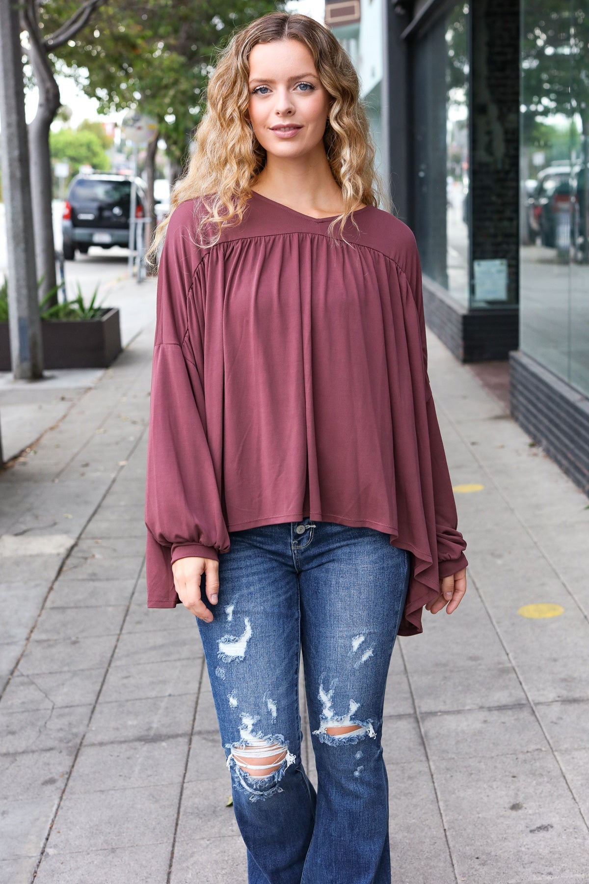 Stylish Casual Wine V-Neck Yoke Modal Knit Oversized Top for Women | Comfortable Loose Fit Tunic Blouse for Everyday Wear, Work & Outings