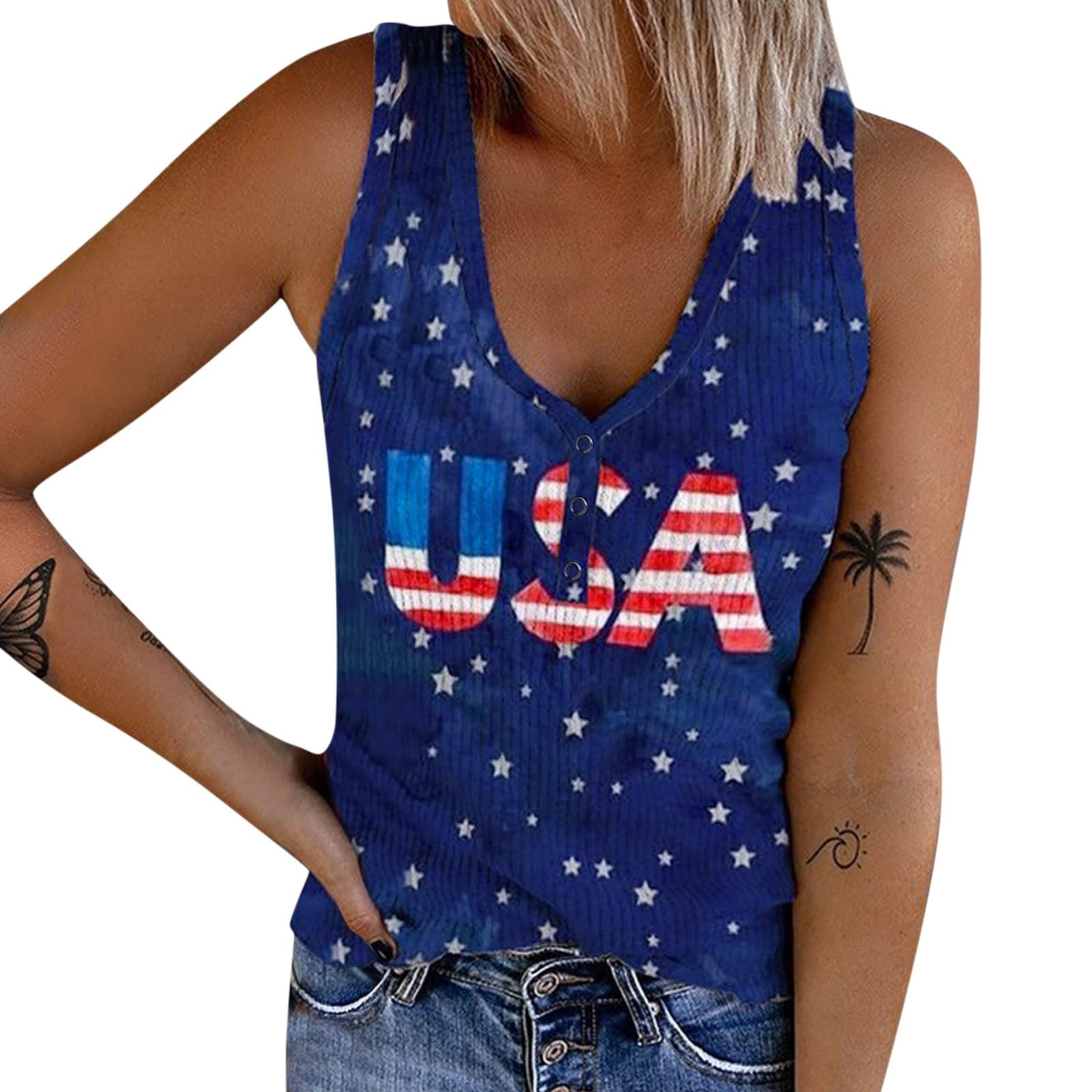 Women's Patriotic Tank Tops - 4th of July American Flag Print Sleeveless Shirt, Casual Knit Vest with Round Neck | Perfect for Independence Day Celebrations, Summer Outfits & Casual Office Wear