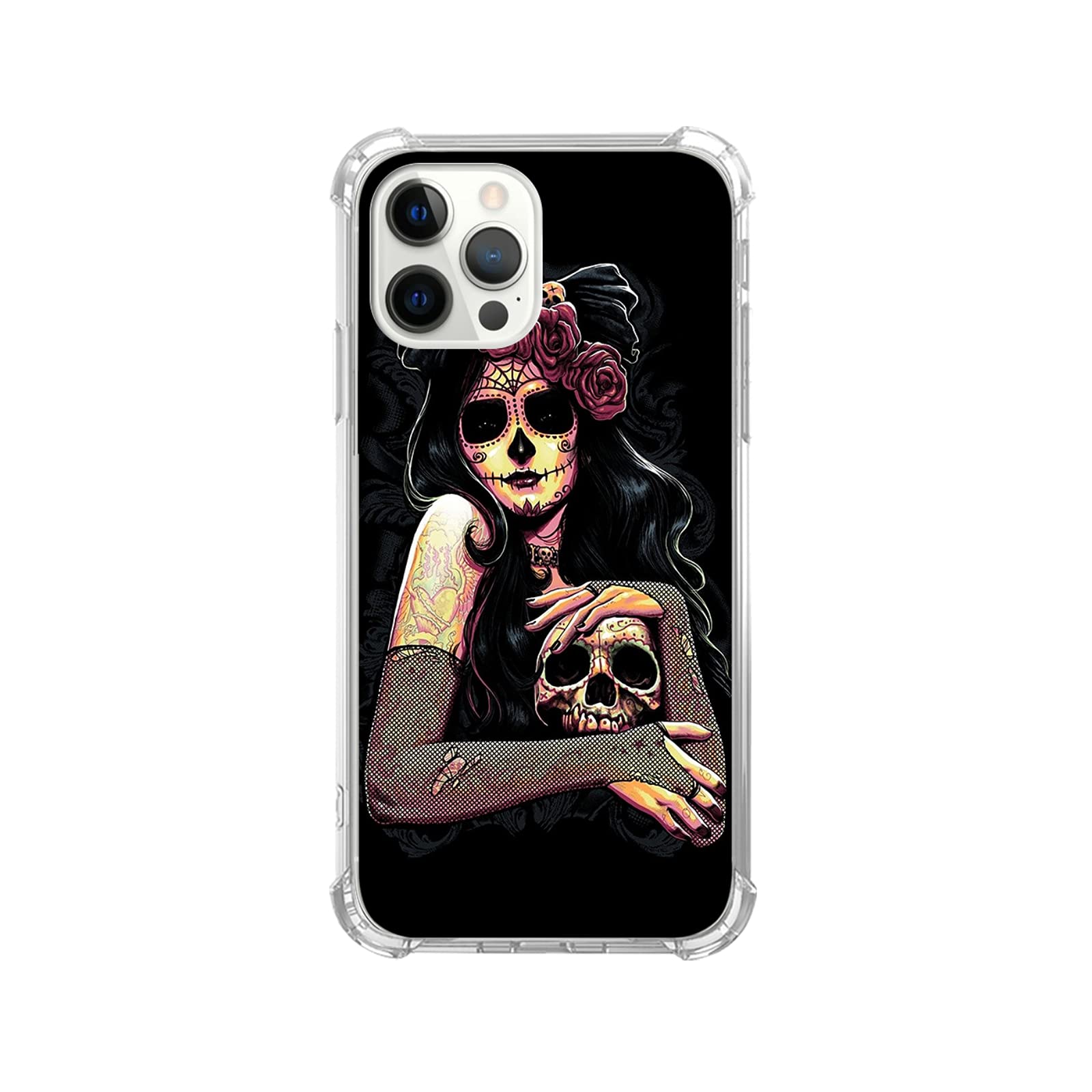 Trendy Sugar Skull Floral Phone Case for iPhone 13 Pro Max - Gothic Aesthetic TPU Bumper Cover for Women & Men - Perfect for Halloween, Day of the Dead, and Alternative Fashion Lovers