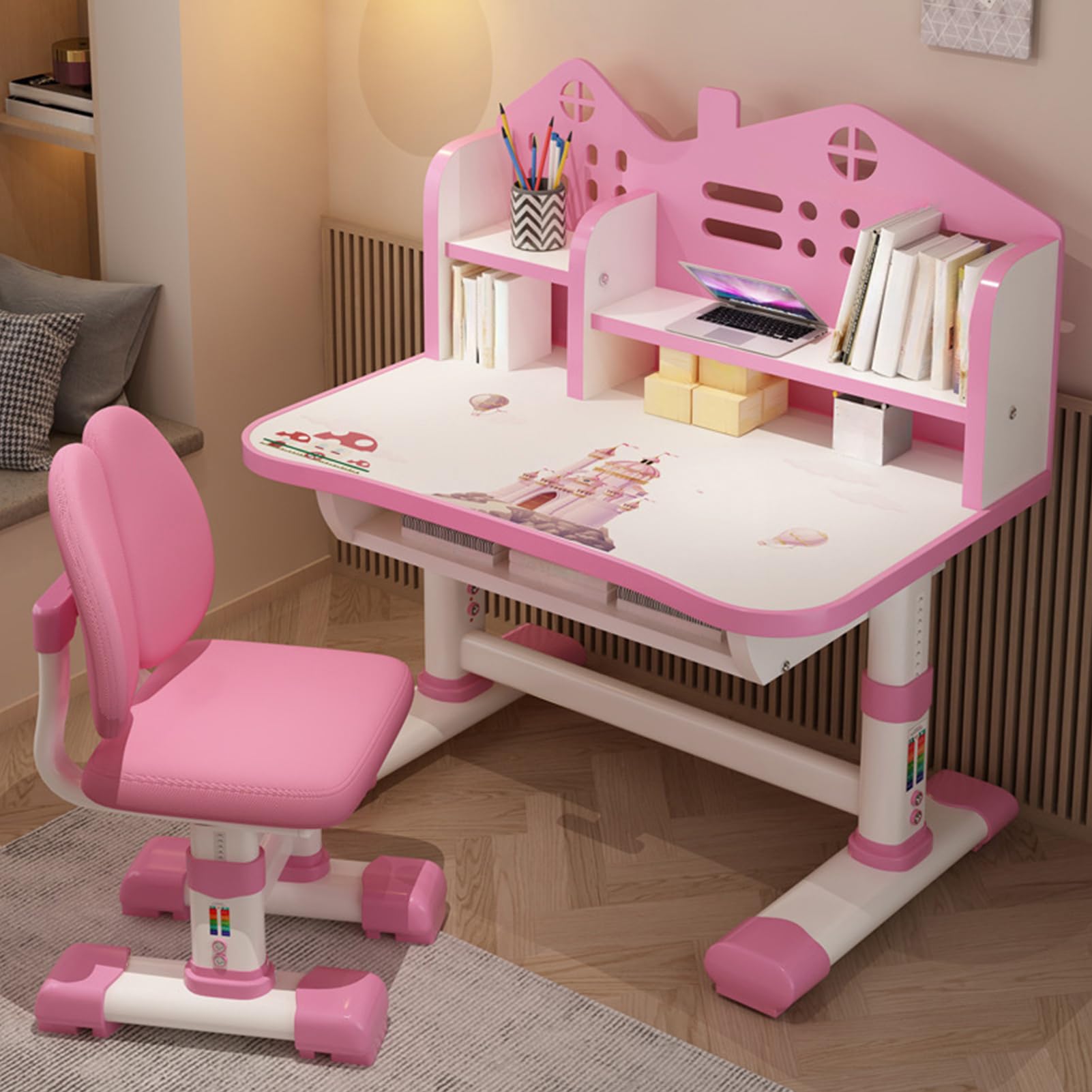 Adjustable Height Kids Desk and Chair Set with Wide Desktop & Storage Drawer - Ergonomic Study Table for Children, Girls & Boys - Perfect for Homeschooling, Online Learning & Bedroom Study Space