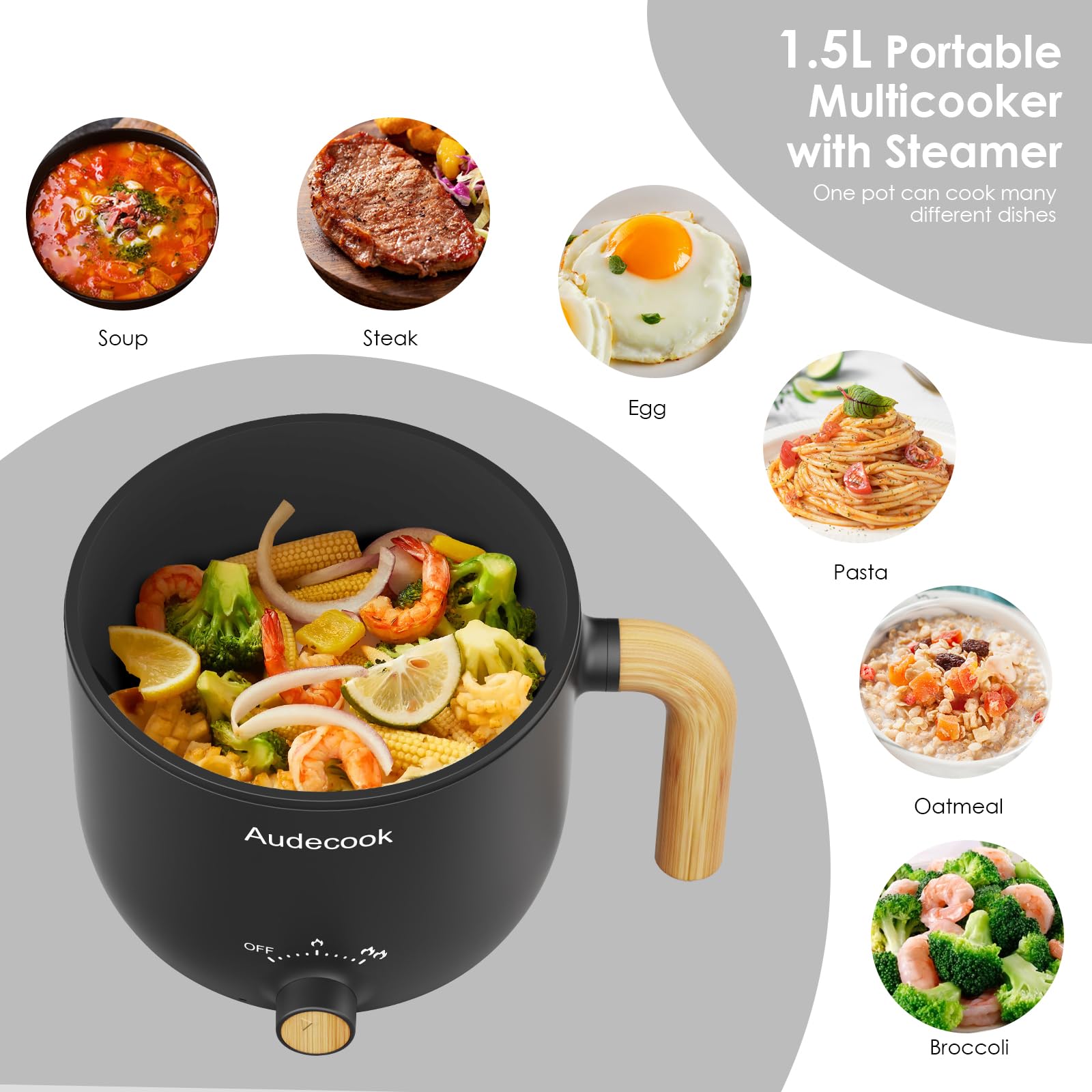 **Audecook 1.5L Electric Hot Pot with Steamer - Portable Nonstick Noodle Cooker, Dual Power Control for Pasta, Soup, Steak, Eggs & Oatmeal - Perfect for Travel, Dorm, Office & Small Kitchens (Black)**