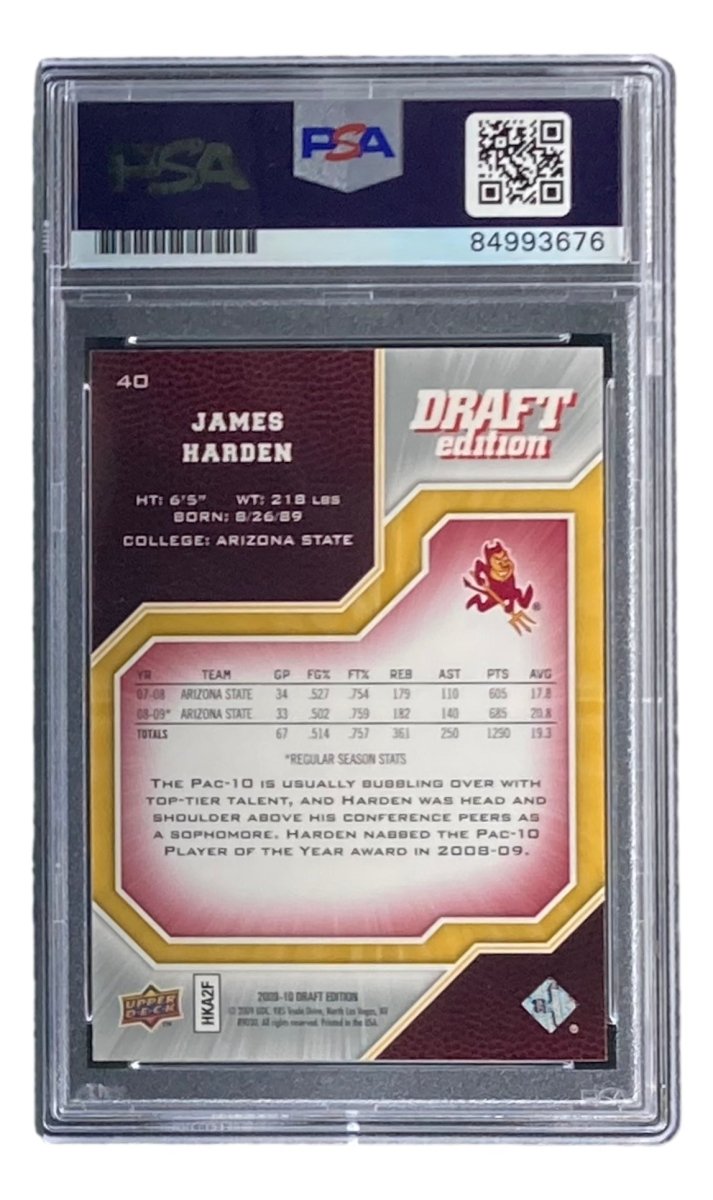 James Harden Signed 2009 Upper Deck Draft Edition #40 Rookie Card PSA/DNA Gem MT 10 - Authentic NBA Memorabilia for Collectors & Sports Fans (Perfect for Display, Investment & Gift Giving)