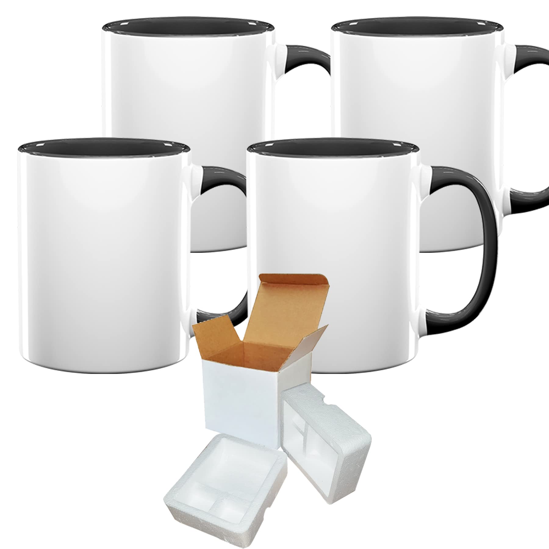 TWISTED ENVY 4-Pack 11 oz Ceramic Sublimation Mugs with Black Inner/Handle - Foam-Supported Cardboard Box - Perfect for Custom Gifts, Photo Mugs & Hot Beverages