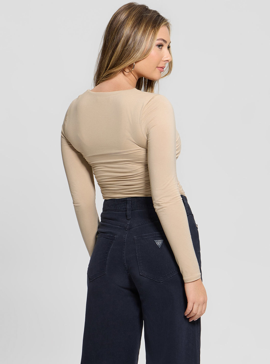 Beige Adrianna Shirred Top for Women - Elegant Ruffled Blouse with Flowy Sleeves | Perfect for Casual Outings, Date Nights & Summer Vacations