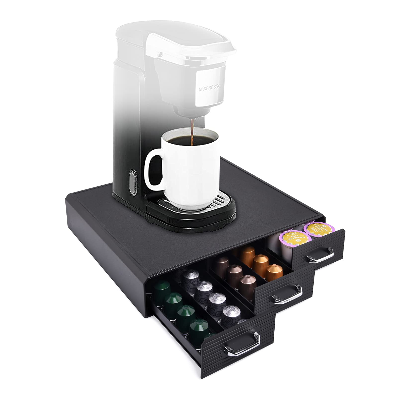 Black Coffee Pod Storage Drawer - 36 K-Cup or 48 Nespresso Capsule Organizer - Compact Coffee Maker Holder for Kitchen Countertops - Perfect for Home, Office & Coffee Shops