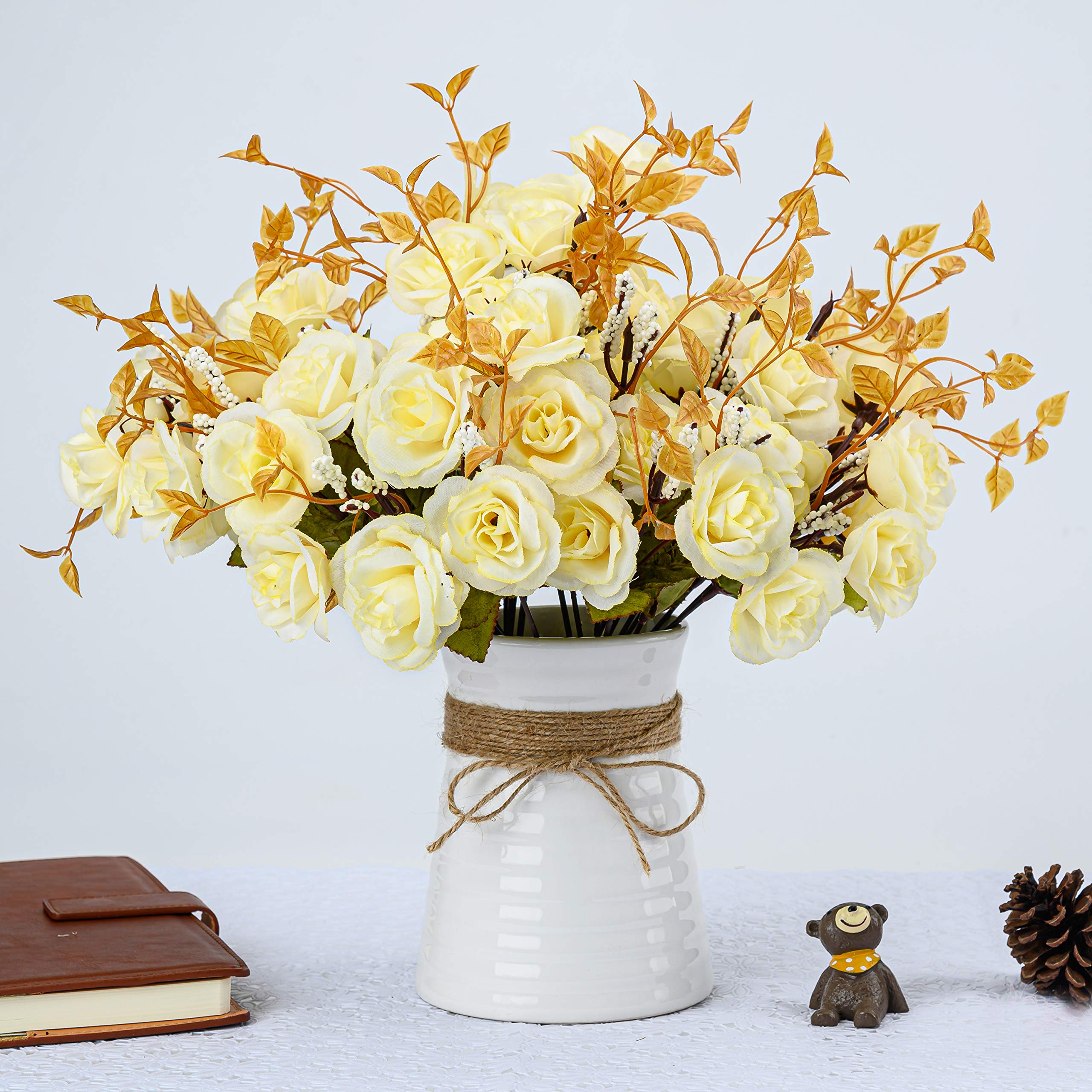 Artificial Silk Rose Bouquet with White Ceramic Vase - Fake Flower Arrangement for Home Decor, Wedding Centerpiece, Indoor Party Decoration (Milk White) | Perfect for Dining Table, Living Room, and Bridal Shower Decorations