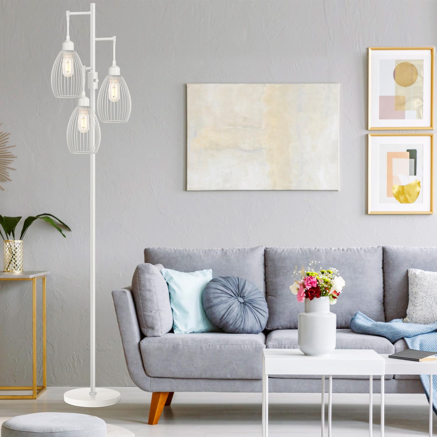 Dimmable Industrial Farmhouse Floor Lamp with 3 x 800LM LED Edison Bulbs - Elegant Teardrop Cage Design Standing Lamp for Living Room, Bedroom, Office & Dining Room - Perfect for Reading, Relaxing & Ambient Lighting - White