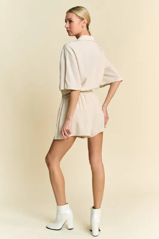 Stylish Women's Drawstring Waist Button Down Shirt Romper Jumpsuit - Casual Summer Outfit for Beach, Travel & Date Night