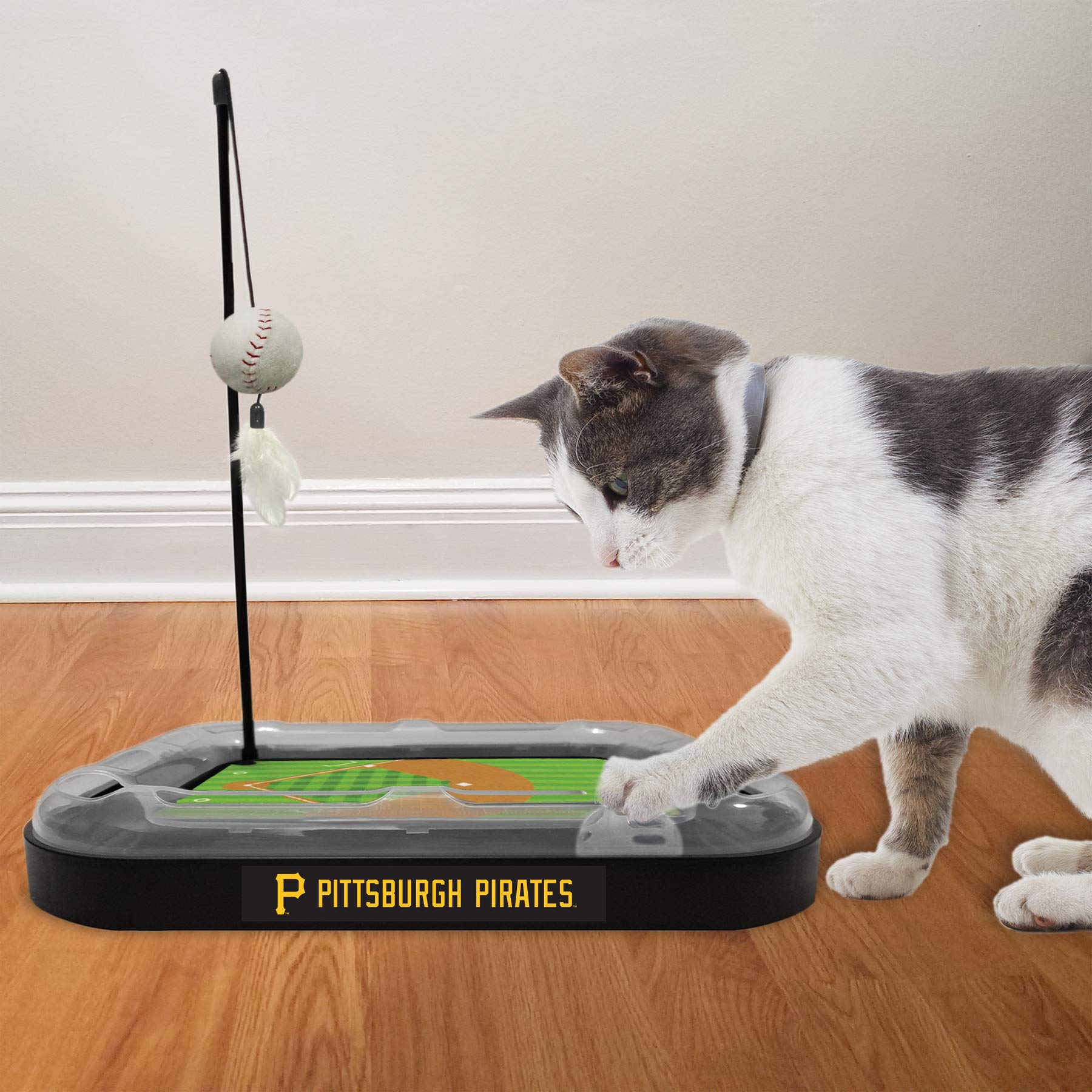Pittsburgh Pirates Baseball Field Cat Scratcher Toy with Interactive Ball & Bell - 5-in-1 Cat Toy Set Includes Wand, Catnip Plush Baseball & Feathers - Perfect for Playtime, Exercise & Indoor Entertainment for Cats