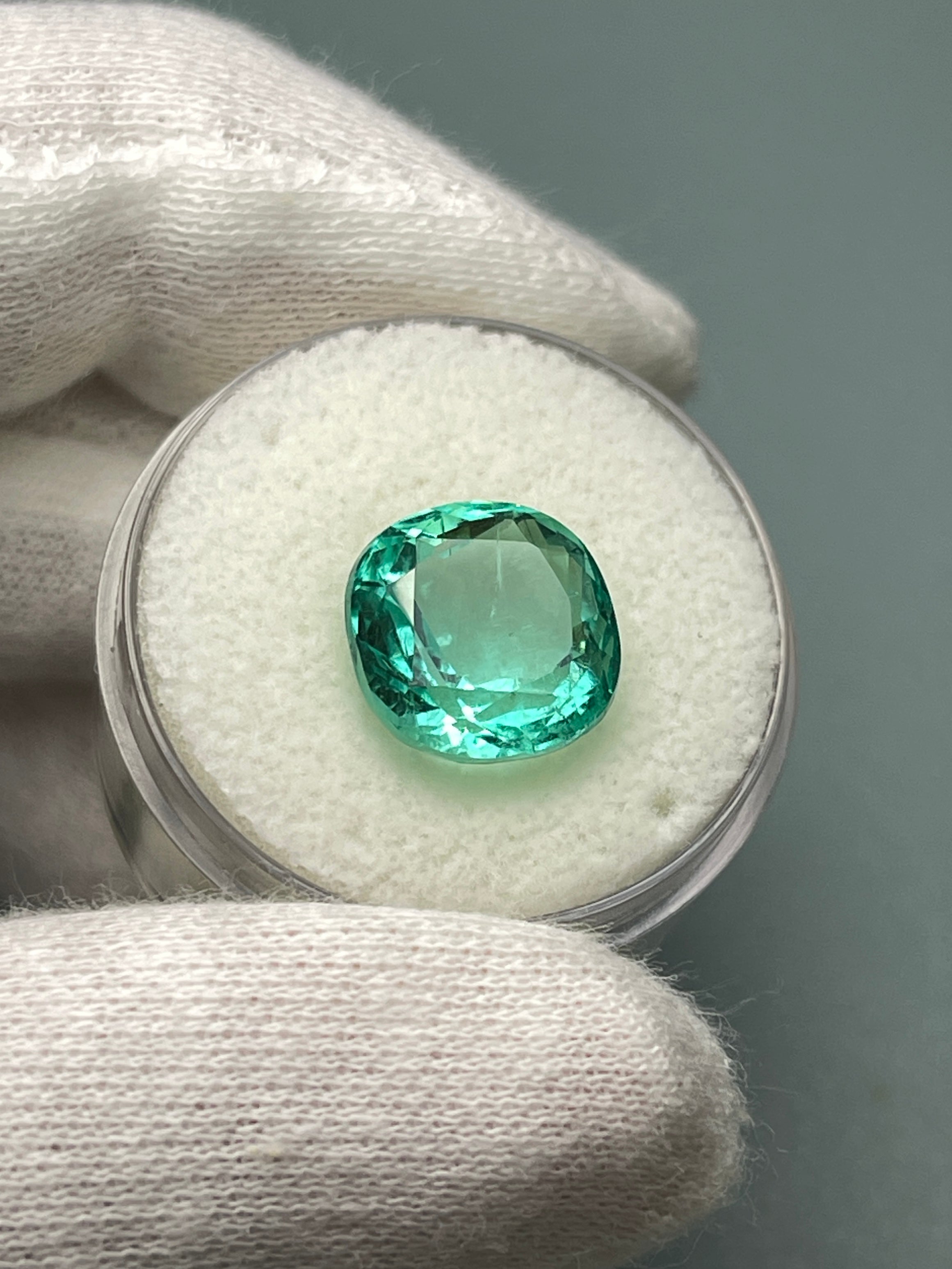 6.38 Carat 11x11mm Luminous Bluish-Green Natural Loose Colombian Emerald Cushion Cut Gemstone for Jewelry Making & Engagement Rings - Perfect for Custom Pendants, Earrings & Luxury Gifts