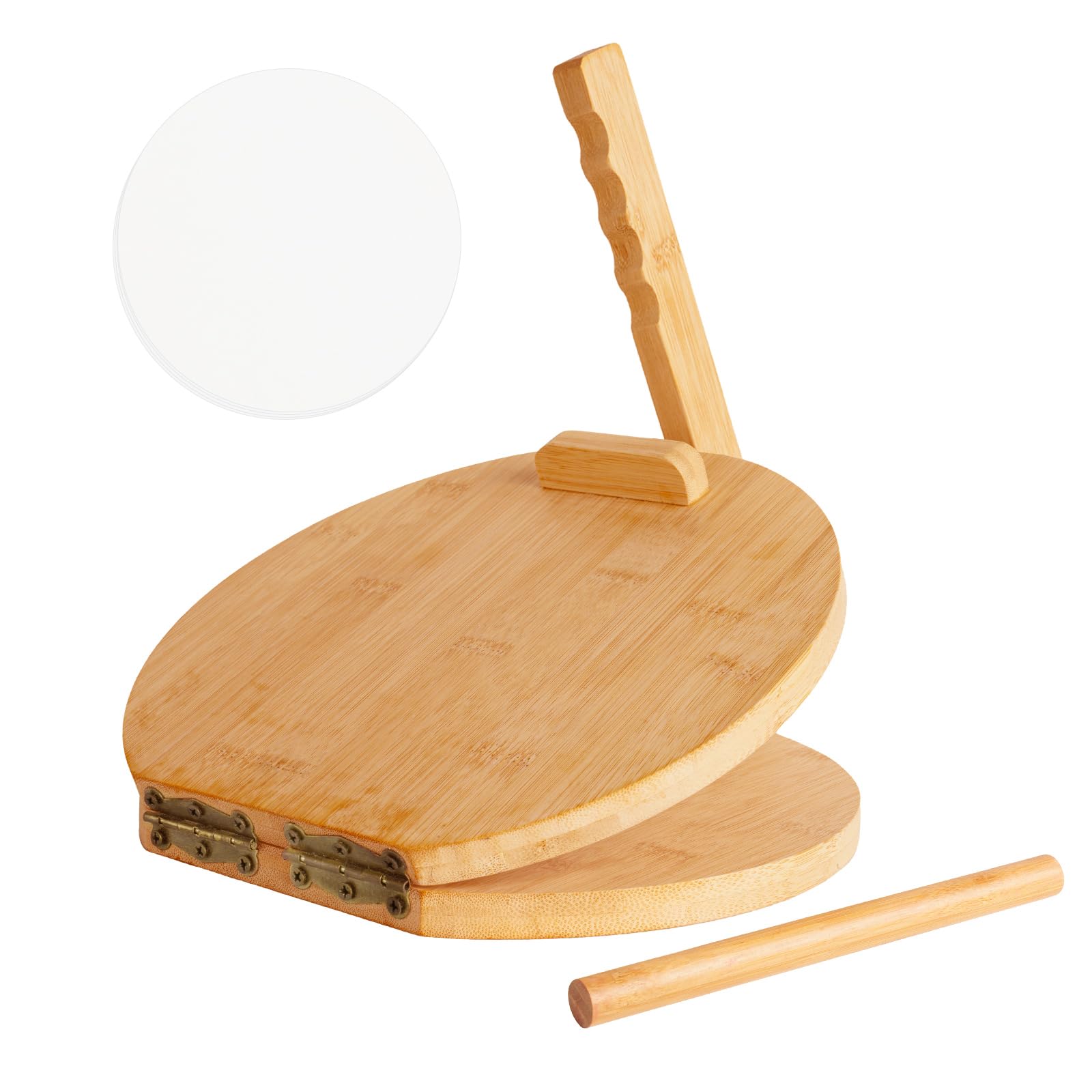 10 Inch Wooden Tortilla Press Maker with Rolling Pin & 50 Pcs Parchment Paper - Handmade Mexican Tortillas, Roti, Chapati, Tacos, Burritos - Perfect for Home Cooking & Authentic Mexican Cuisine